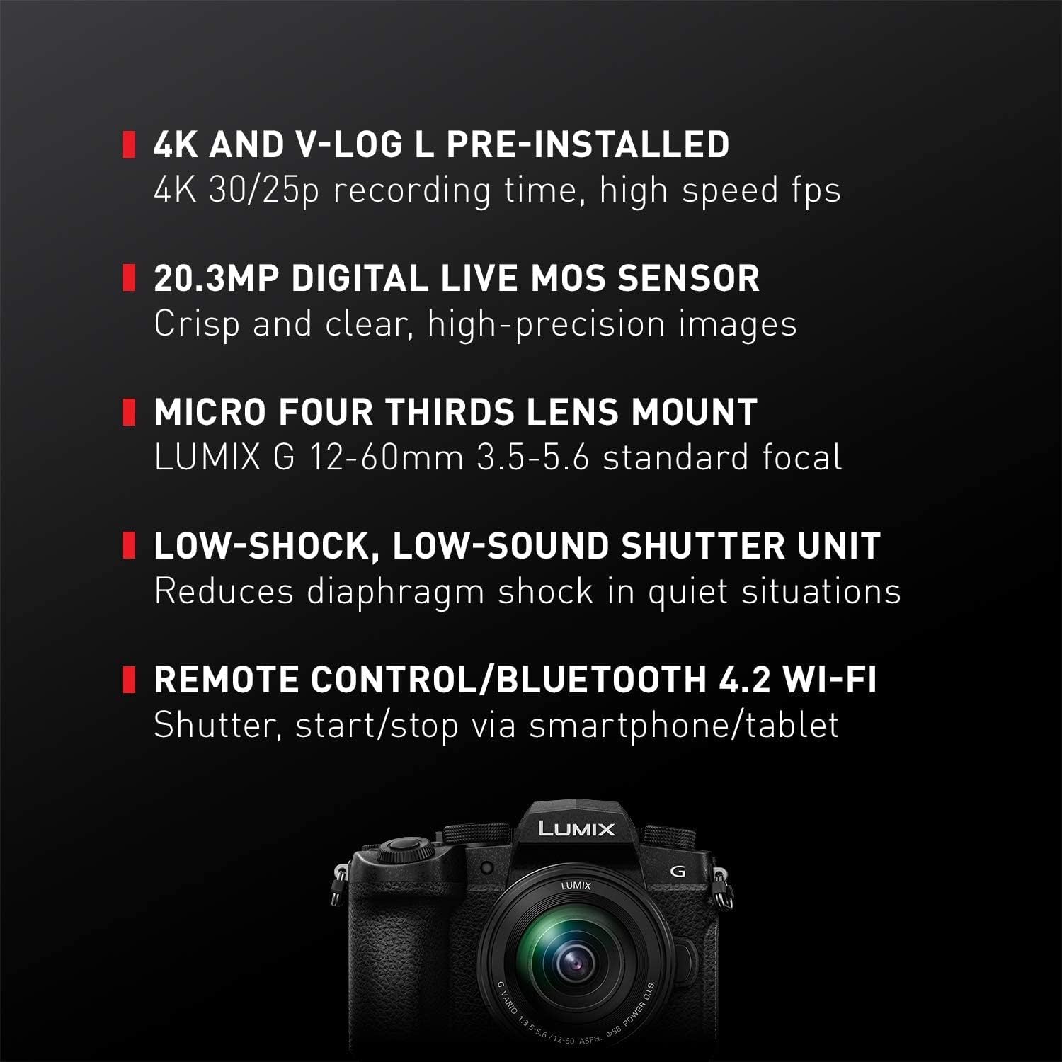 Panasonic LUMIX G95D 20.3 Megapixel Mirrorless Camera, 12-60mm F3.5-5.6 Micro Four Thirds Lens, 5-Axis Dual I.S. 2, 4K 24p 30p Video, Pre-Installed V-Log L, 3' OLED Touchscreen - DC-G95DMK(Black)