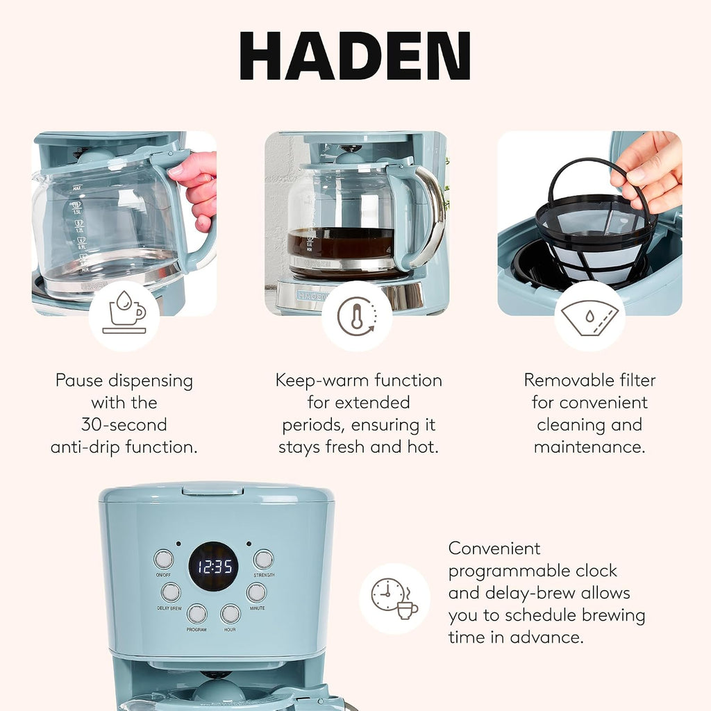 HADEN Brighton Coffee Machine, 12 Cup Programmable Drip Coffee Maker with Auto Shut-Off Function and Reusable Washable Water Filter, Sky Blue & Chrome