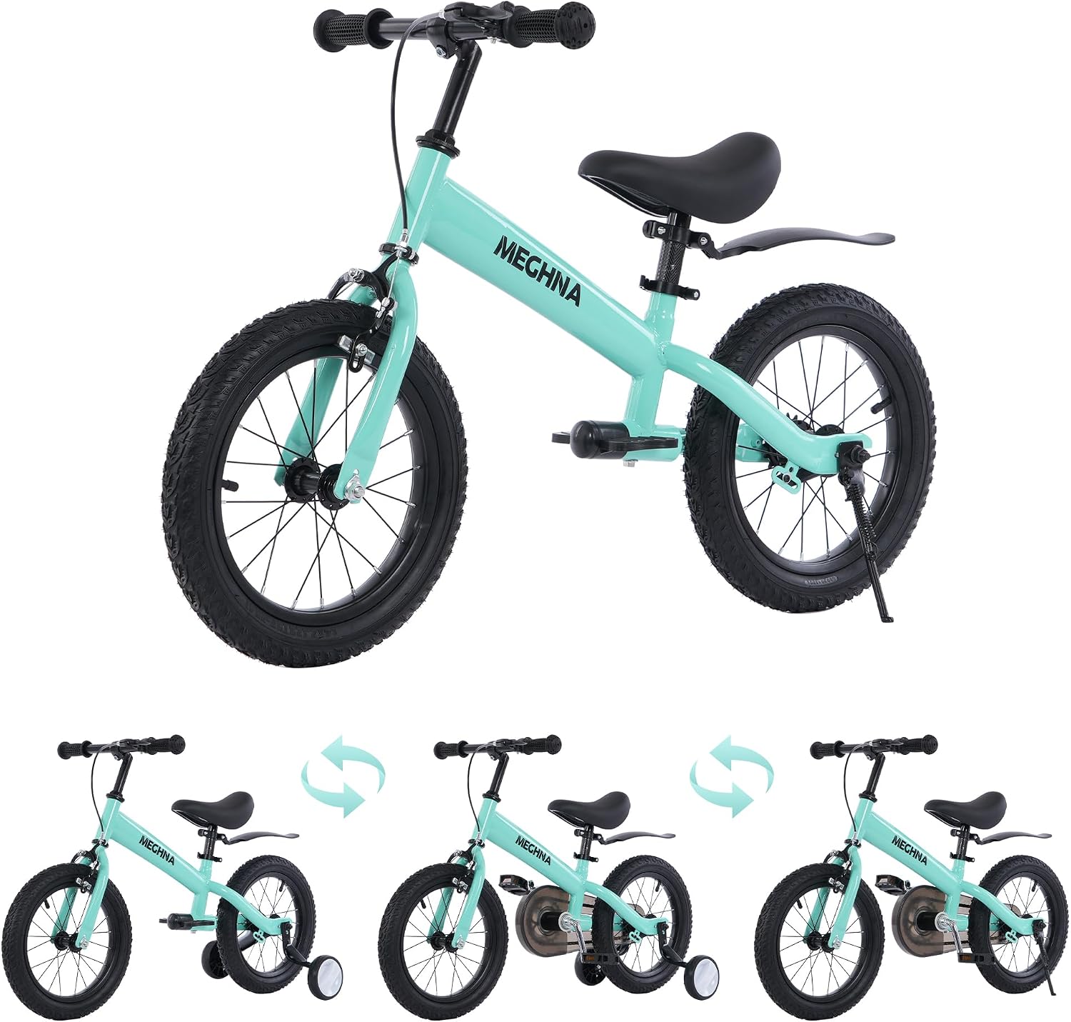 MEGHNA 2 in 1 Toddler Balance Bike 14 inch Wheel Kids Bike Aged 3-7 Years Old with Footrest Detachable Training Wheels Caliper and Coaster Brake Strider Bike for Boys Girls, Easy to Assembly