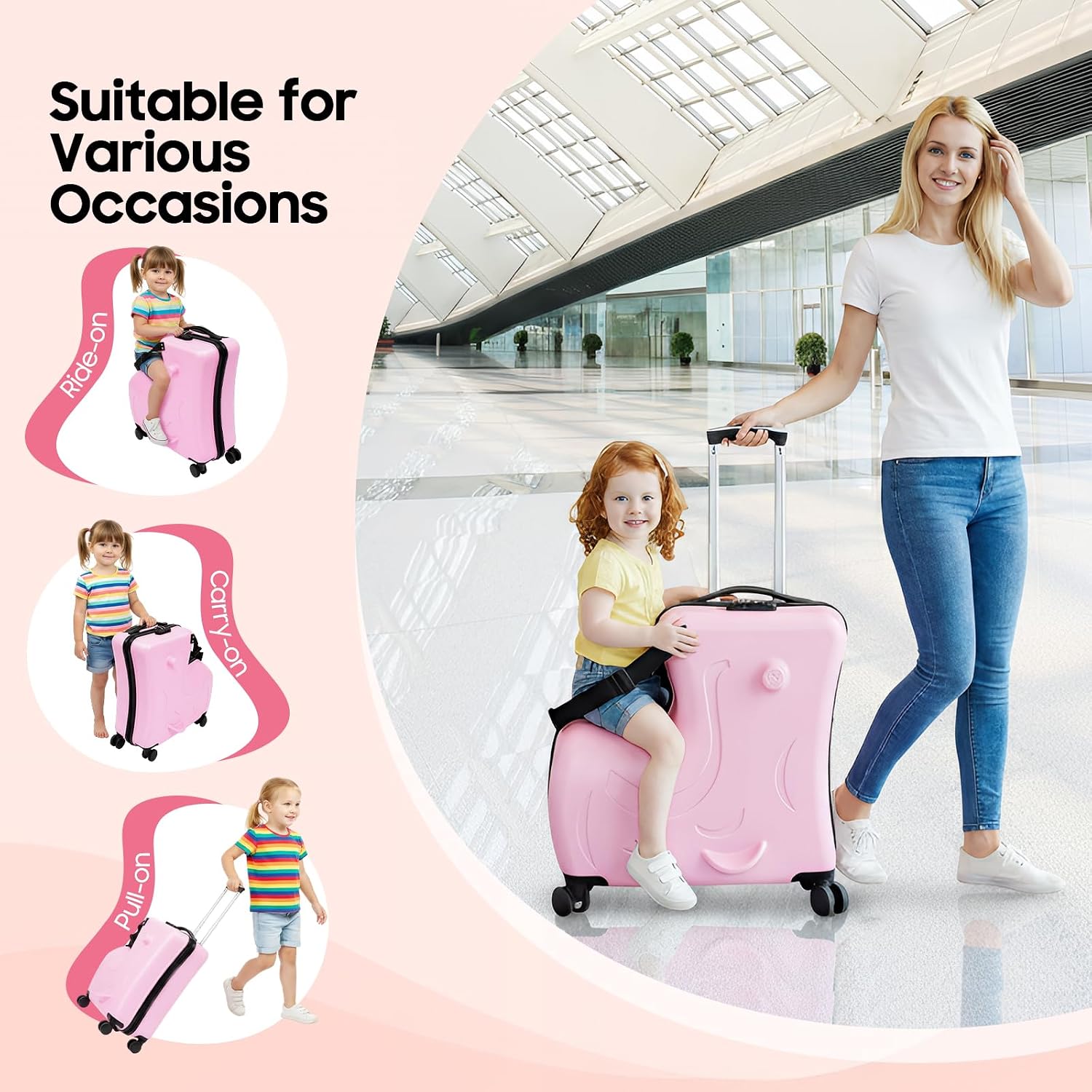 20 Inch Ride-On Suitcase for Kids, Travel Trolley with Wheels, Safety Belt, Adjustable Pull Rod, Scooter Luggage Seat Ride with Lock for Toddler Airplane Travel(Pink)