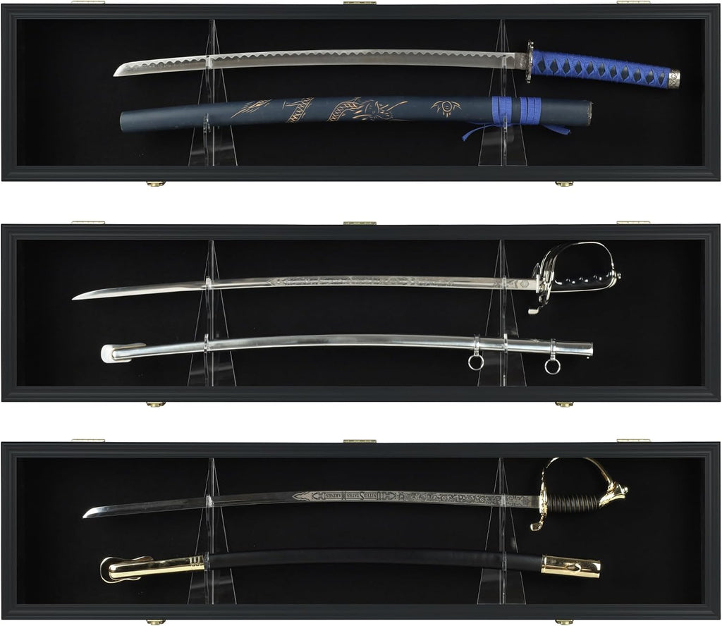 Sword Display Case Cabinet Stand Holder Wall Rack Holds Military Saber or Samurai Sword Lockable UV Protection Door Black Felt Inside (Black Finish Frame)