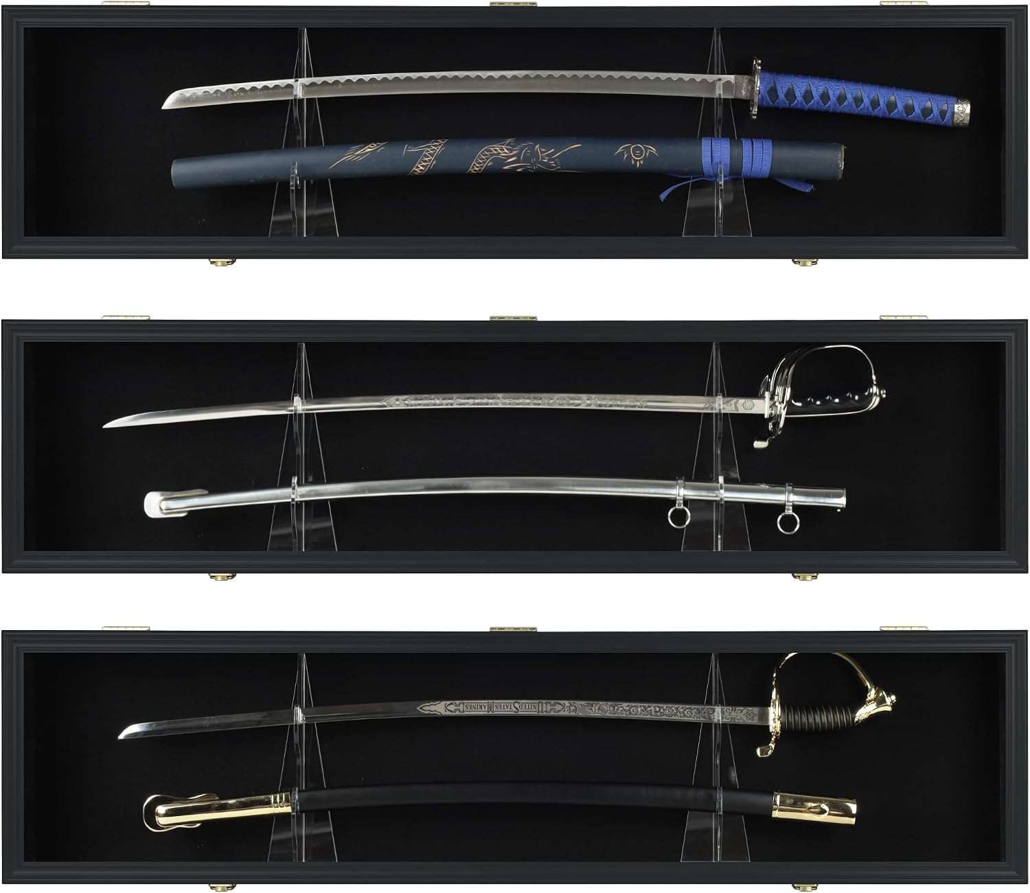 Sword Display Case Cabinet Stand Holder Wall Rack Holds Military Saber or Samurai Sword Lockable UV Protection Door Black Felt Inside (Black Finish Frame)