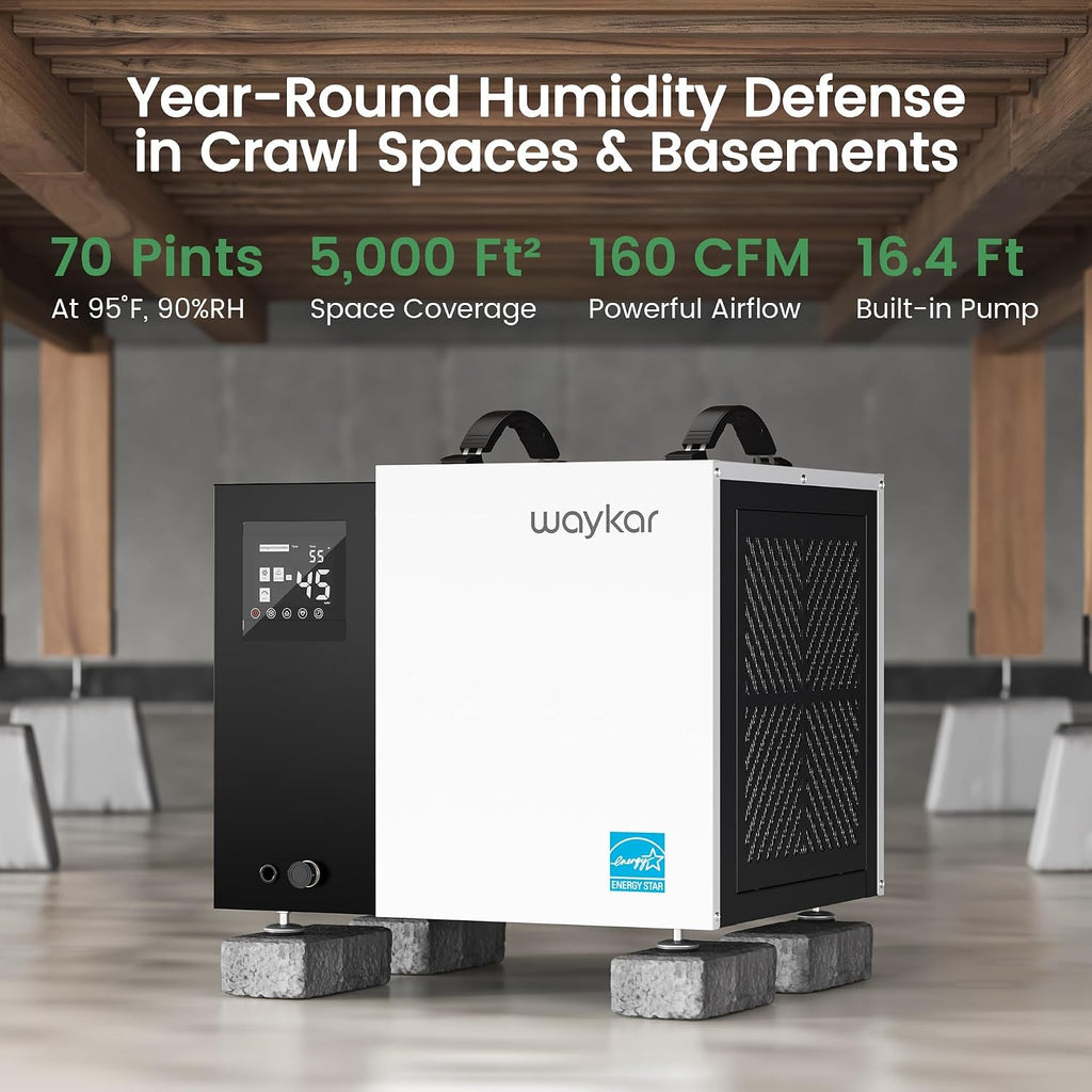 Waykar 70 Pint Energy Star Crawl Space Dehumidifier with Pump & Drain Hose for Basements, Commercial & Water Damage Spaces up to 5000 Sq. Ft., Compact, Strong Dehumidification, 5-Year Quality Coverage