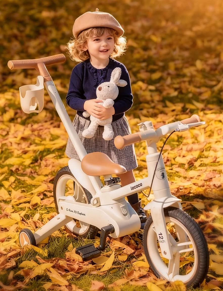lecoco Upgraded Toddler Bike with Push Handle 6 in 1 for Kids, Balance Bicycle Toys with Training Wheels, Brackes, Cup Holder, Pedal, Kickstand Birthday Gift for Boys and Girls