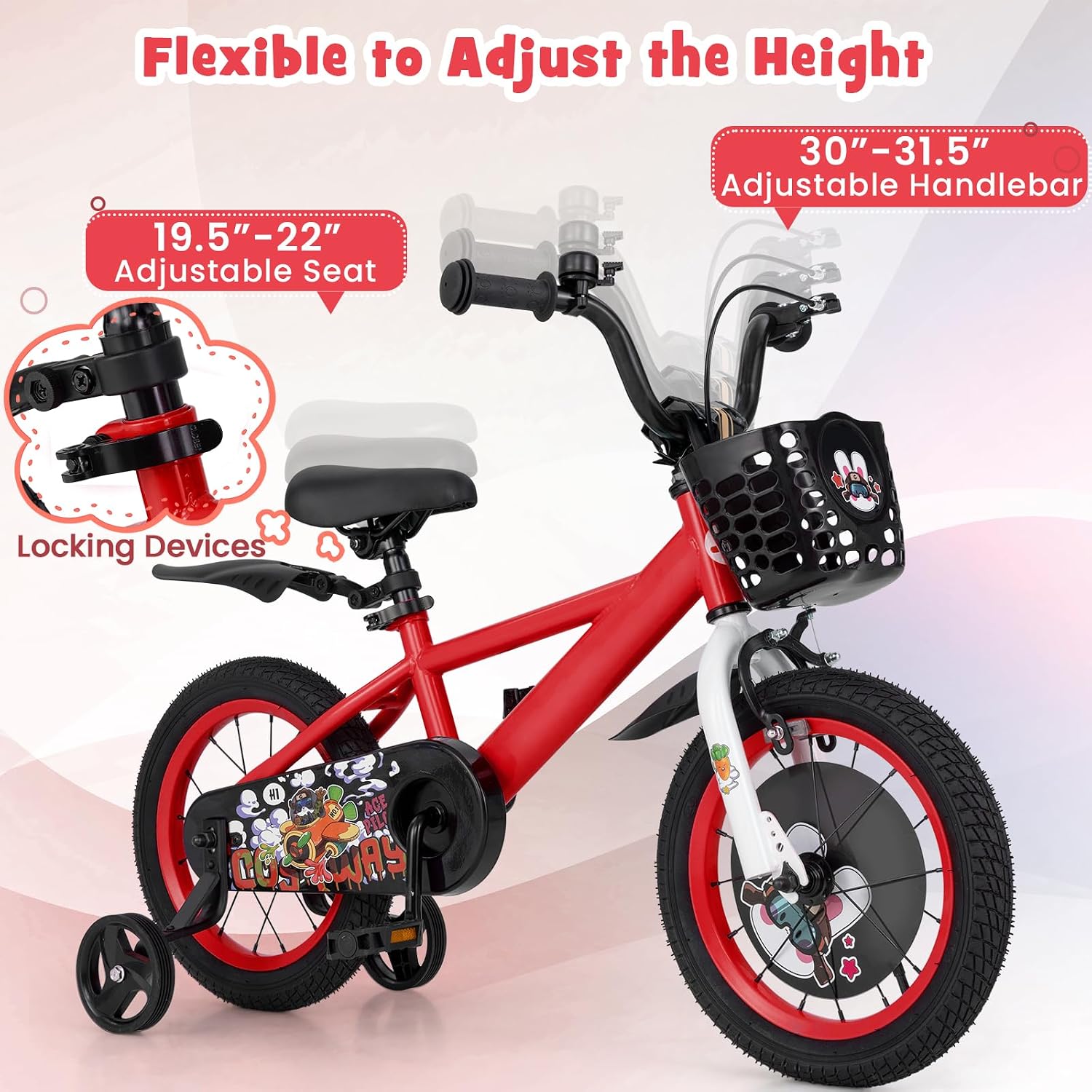 BABY JOY Rabbit Pilot Sporty Kids Bike, 12 14 16 18 Inch Child Bike for 3-8 Years Old with Adjustable Height, Training Wheels, Storage Basket, Handbrake & Coaster Brake, Kids Bicycle for Girls Boys