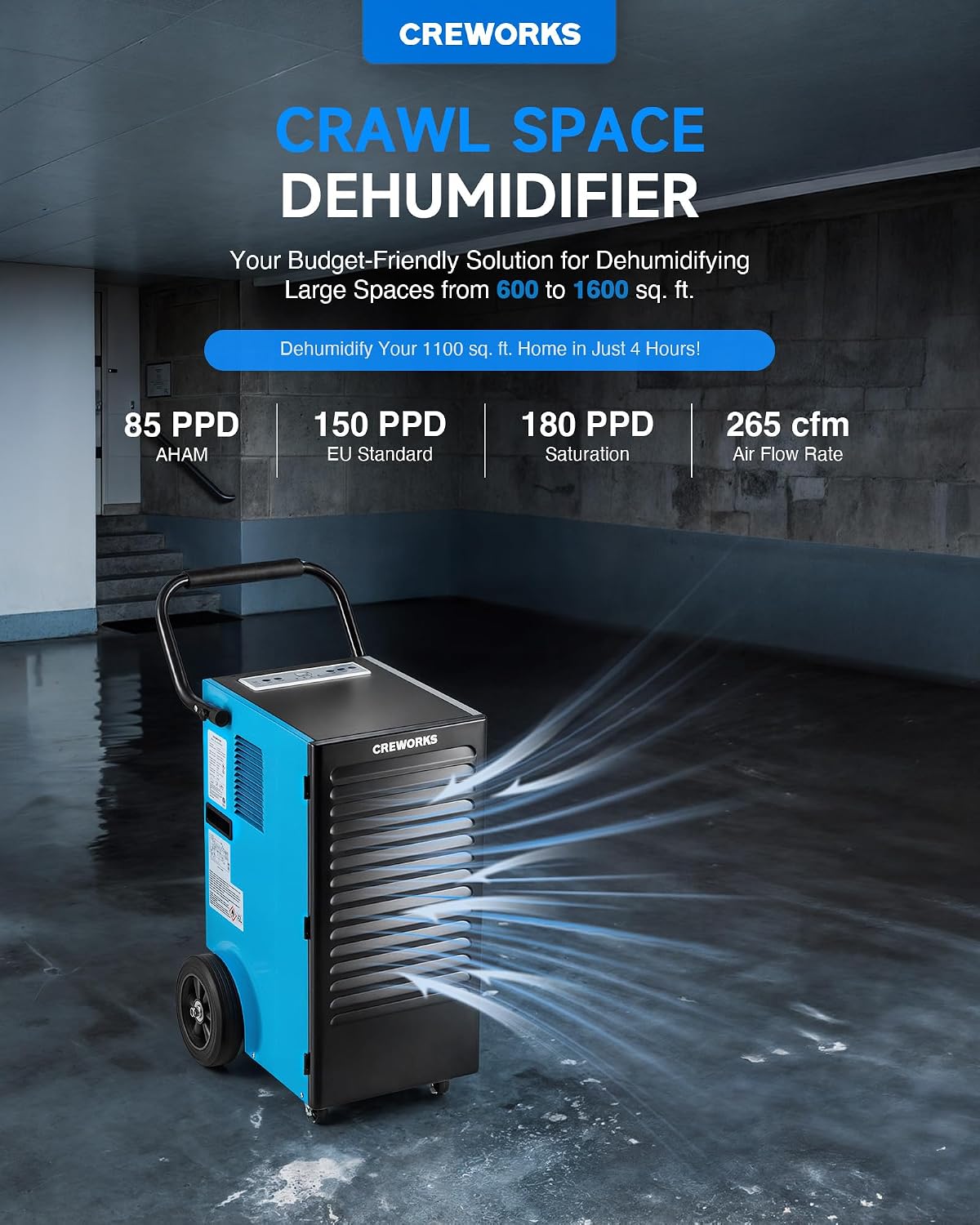 CREWORKS 180 PPD Commercial Dehumidifier, 180 Pint Dehumidifier for Basement with Wheels Drain Hose, Portable Professional Basement Dehumidification with Auto Defrost Display Panel