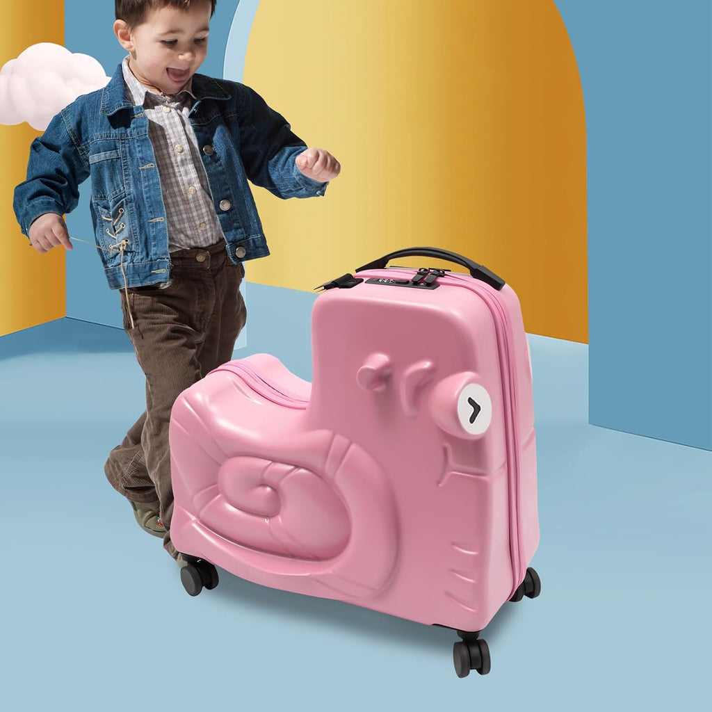 Kids Ride-On Luggage 20' with Spinner Wheels, Children's Travel Suitcase with Seat & Password Lock, Pink Cartoon Carry-On Trolley for Ages 1-6
