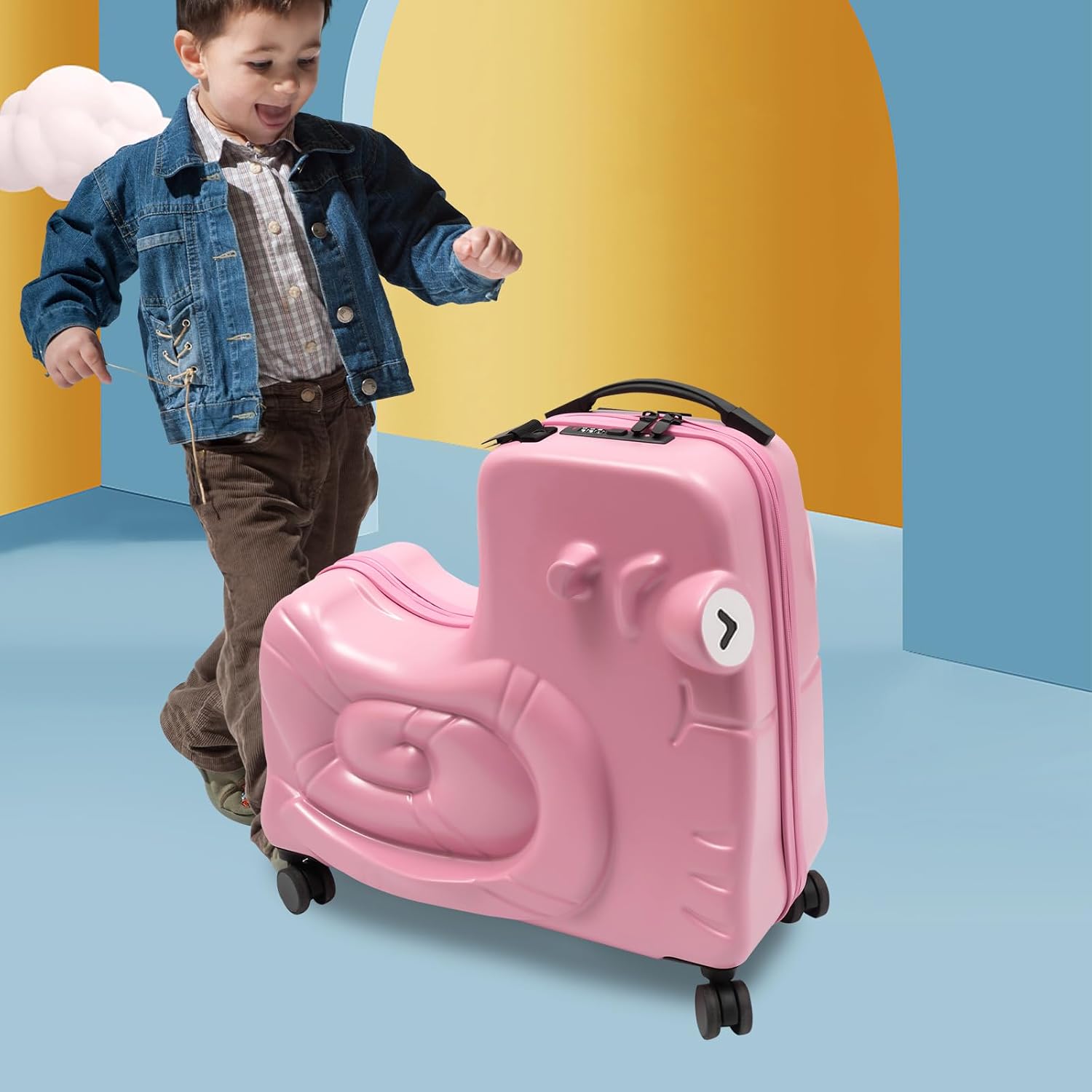 Kids Ride-On Luggage 20' with Spinner Wheels, Children's Travel Suitcase with Seat & Password Lock, Pink Cartoon Carry-On Trolley for Ages 1-6