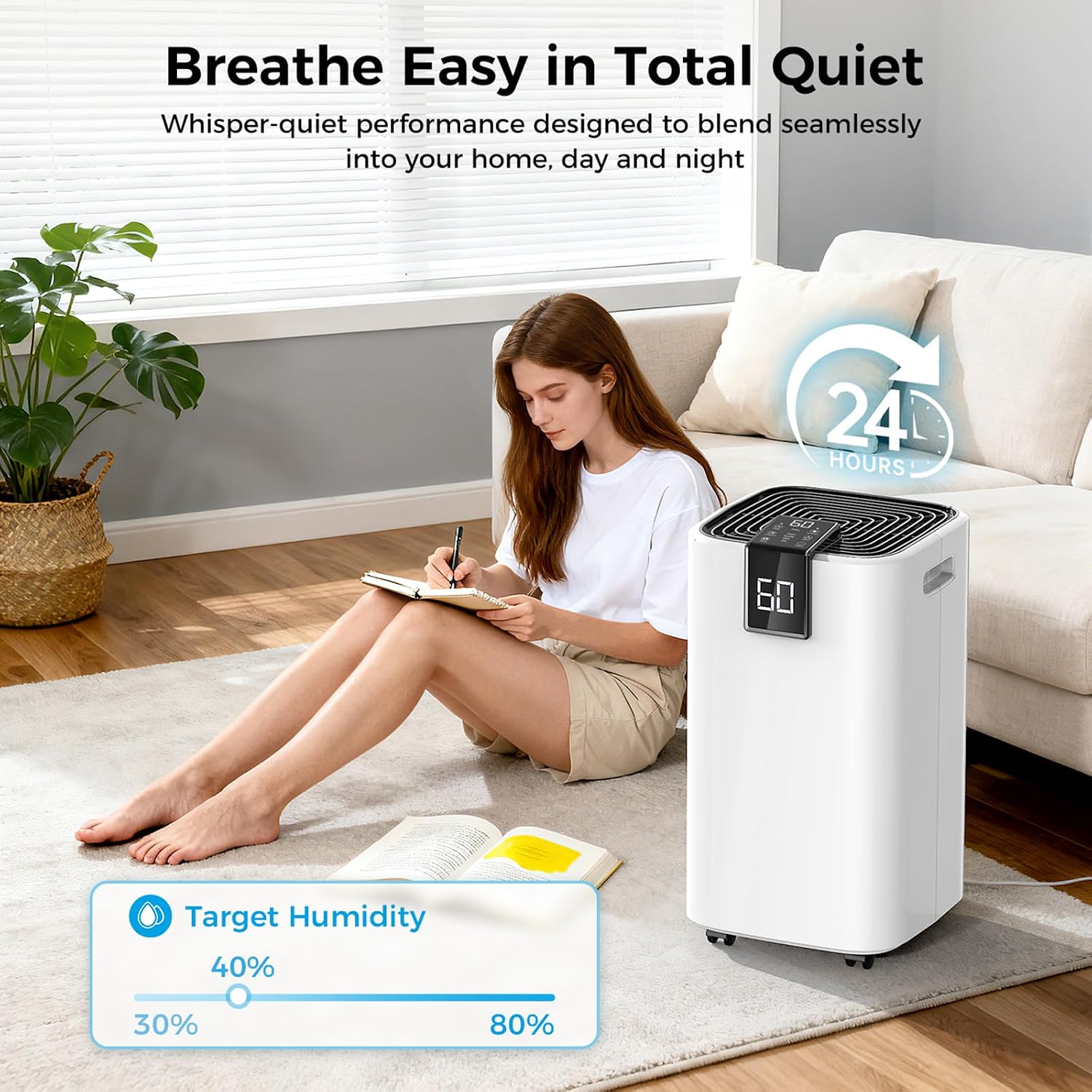 4,000 Sq.ft Dehumidifier for Basement, 45 Pint Dehumidifiers for Home with Drain Hose, Smart Humidity Control, Auto Defrost, Auto Restart, 24H Timer, for Bedroom, Bathroom, RV, Garage