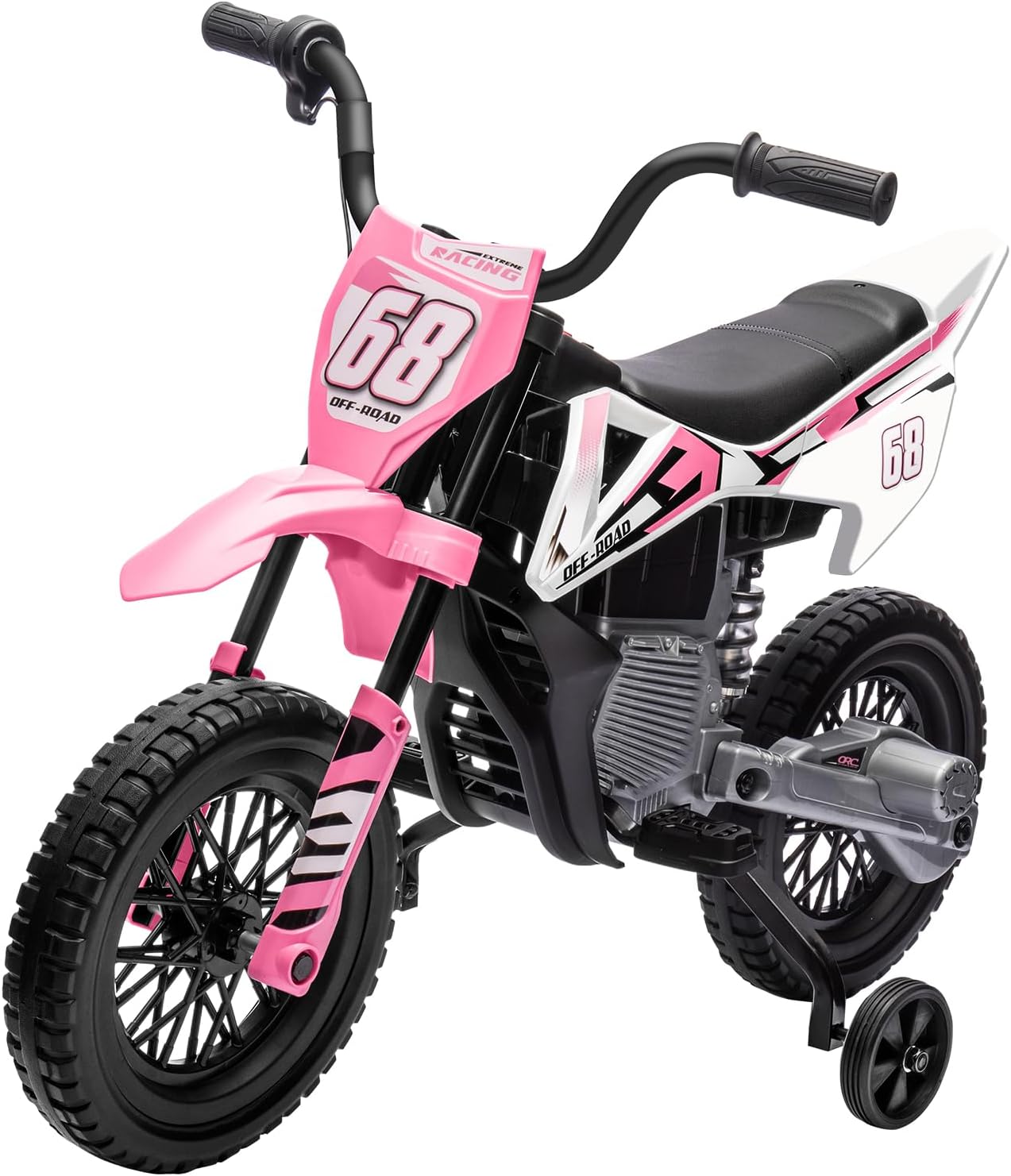 12V Kids Motorcycle w/Treaded Tires, 3.1mph Top Speed, Kids Motorcycle w/Training Wheels, Music, Spring Suspension, Ideal for Toddlers 3-6 Years Old, Pink