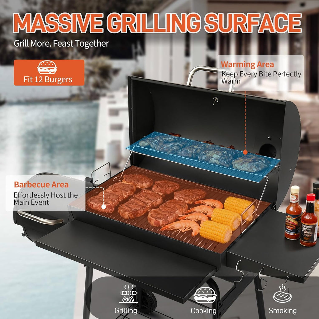 Outvita Charcoal Grill with Offset Smoker, Barrel Barbecue Smoker Grill with Spacious Cooking Area for BBQ, Backyard Patio Picnic Parties Camping, Black