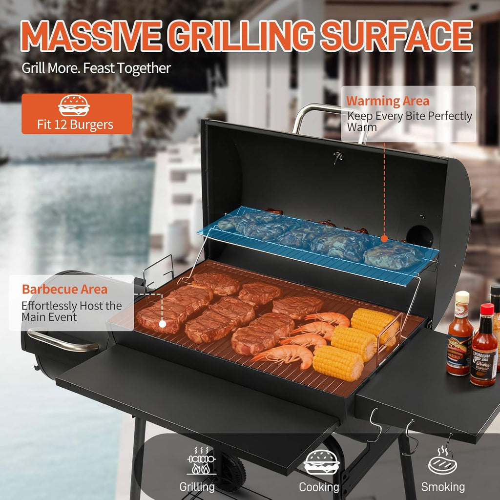 VINGLI Barrel Charcoal Grill with Offset Smoker, Built-in Lifting Carbon Mesh, Large Charcoal Barbecue Smoker Grill Combo for Outdoor Backyard Patio Camping Parties 52 × 20 × 44 inch