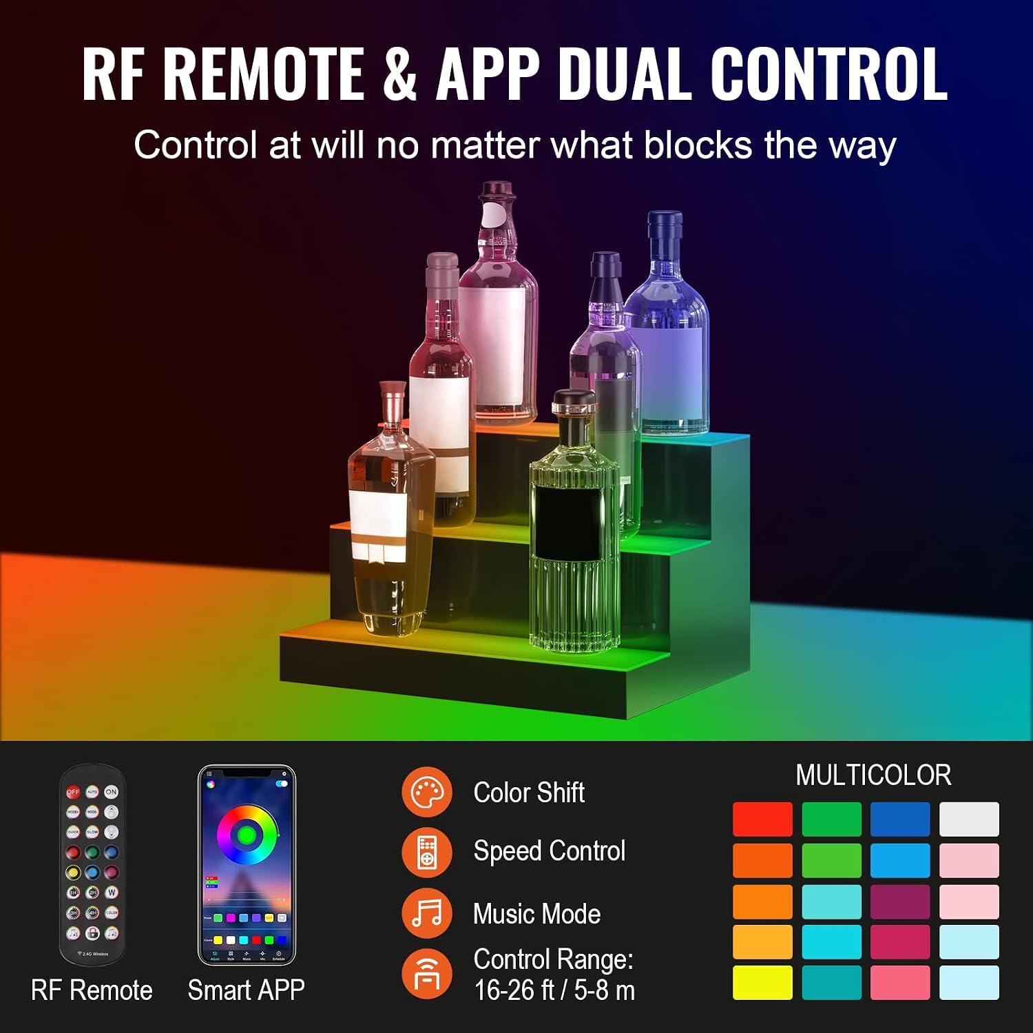 VEVOR LED Lighted Liquor Bottle Display, 3 Tiers 16 Inches, Supports USB, Illuminated Home Bar Shelf with RF Remote & App Control 7 Static Colors 1-4 H Timing, Acrylic Lighted Shelf for 12 Bottles