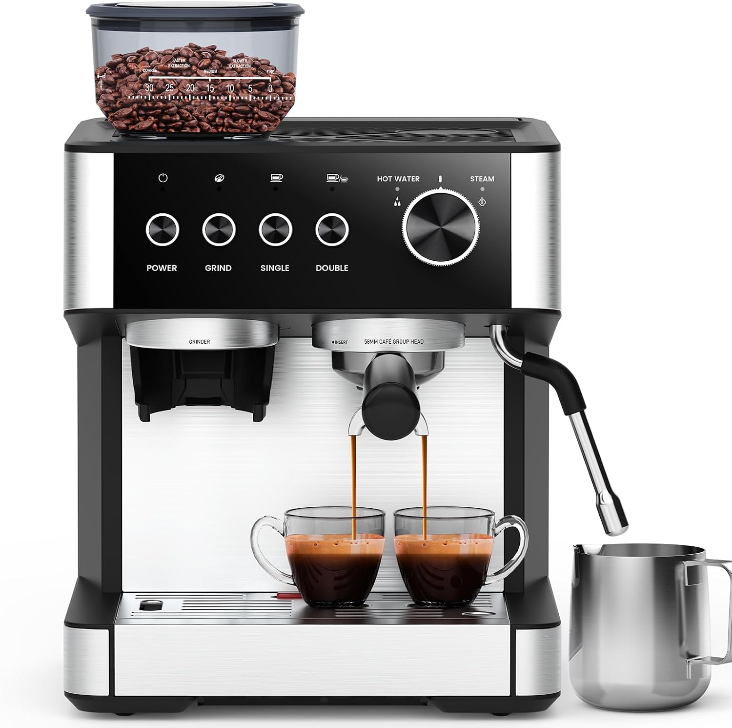 Joy Pebble 15 Bar Espresso Machine with Grinder & Milk Frother, All-in-One Coffee Maker for Home Baristas, 30-Position Grinder, 2.9L Removable Tank,for Cappuccino Latte