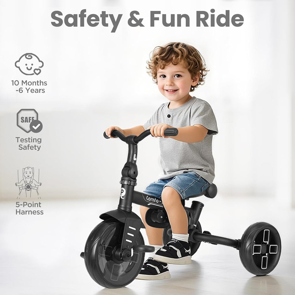 QPlay Toddler Bike Stroller for Baby 10 Months to 6 Years Old, 8-in-1 Foldable Stroller Bike for Toddlers 3-5 Boys & Girls Gifts Trike — Adjustable Handle, Triple Footrest, Canopy & Storage Bag