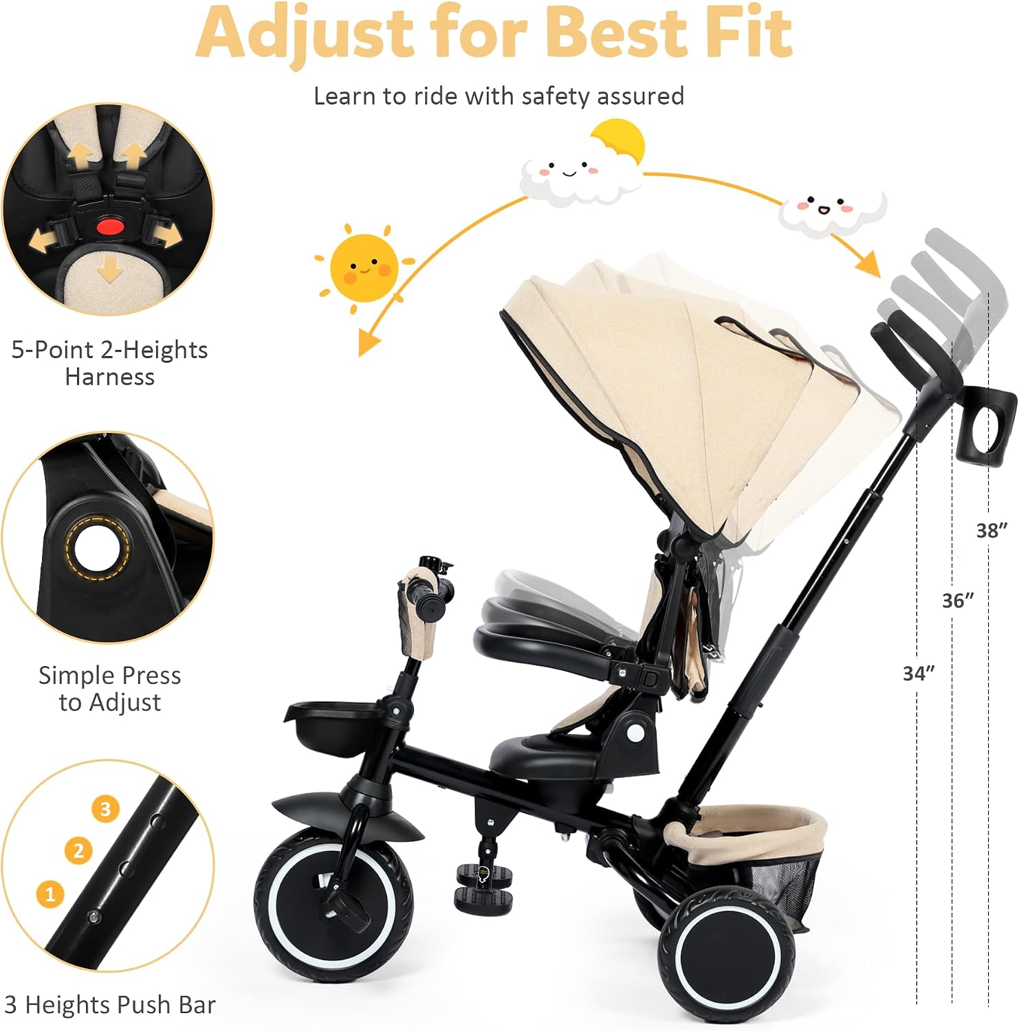 TODEFULL Folding Kids Tricycle, 8 in 1 Toddler Trike W/Removable & Adjustable Canopy, Parent Handle, 5-Piont Harness, Toddler Bike Tricycle for Kids 1-6 Years, EVA Wheels, Storage Basket, Khaki