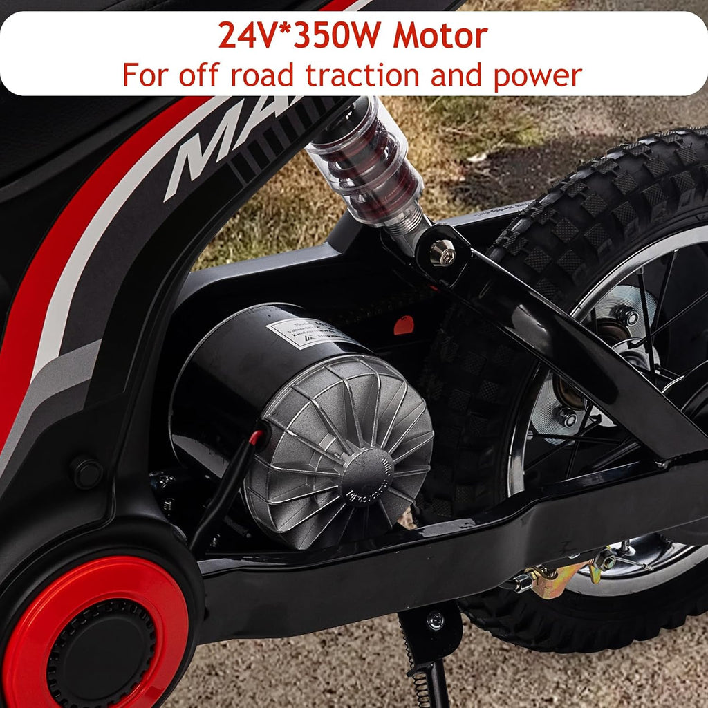 24V 350W Electric Dirt Bike for Kids – 3-Speed Modes, 14.29MPH Max Speed, ASTM-Certified Safe Motorcycle with Shockproof Suspension, Best Gift for Boys & Girls