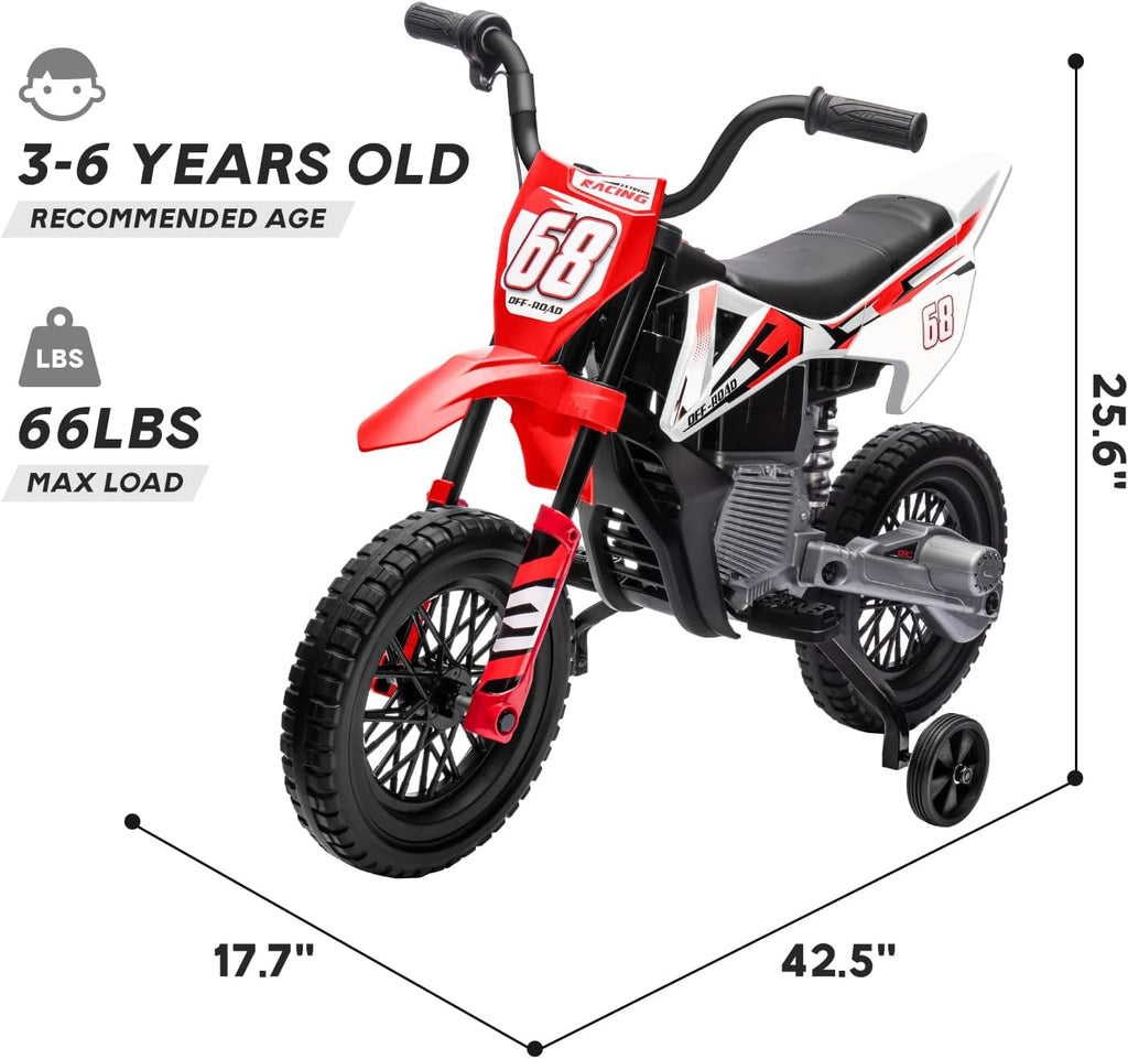 12V Kids Motorcycle w/Treaded Tires, 3.1mph Top Speed, Kids Motorcycle w/Training Wheels, Spring Suspension, Ideal for Toddlers 3-6 Years Old, Red