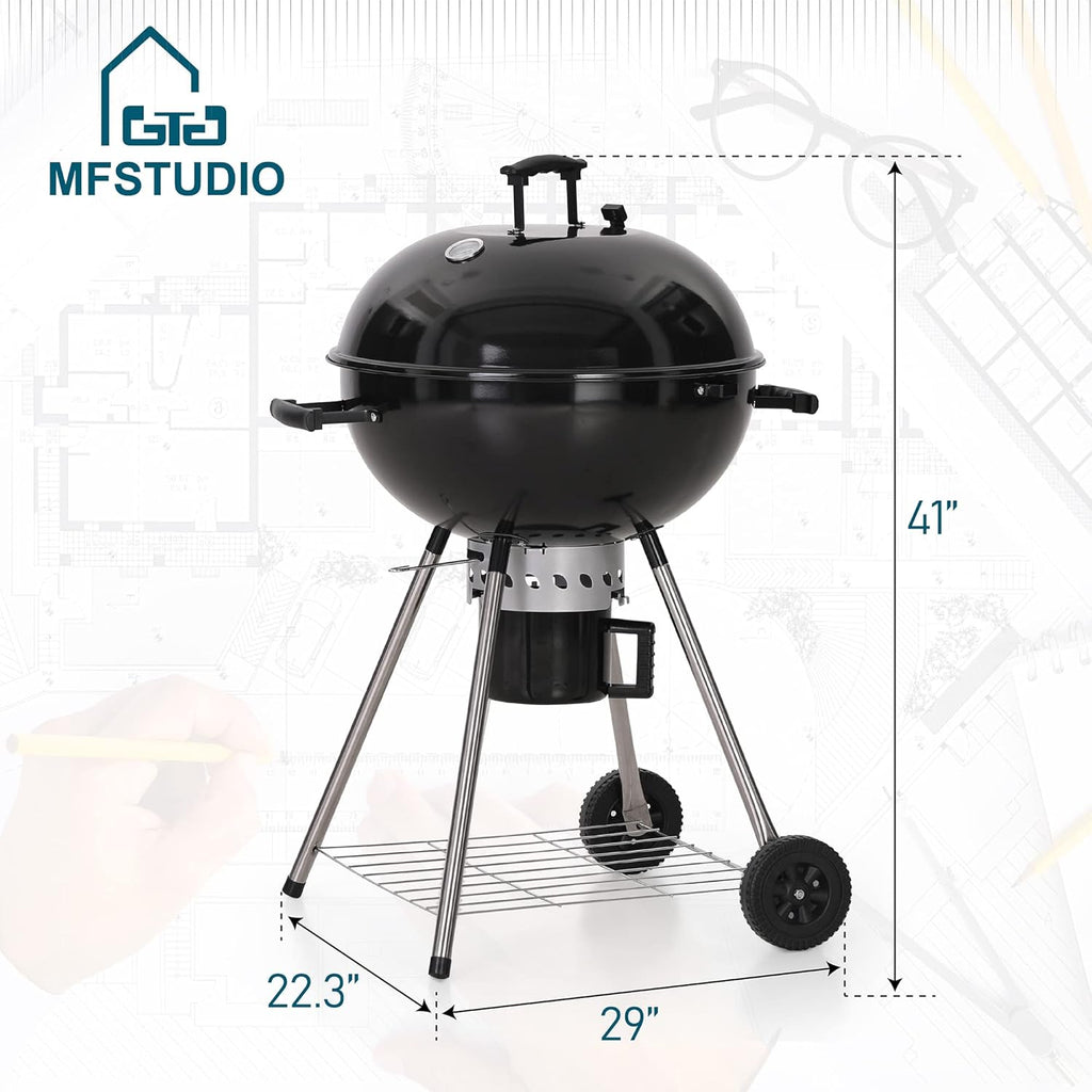 MFSTUDIO 22' Kettle Charcoal Grill, Portable Porcelain-Enameled BBQ Grill with Slide Out Ash Catcher for Outdoor Barbecue Cooking, Black