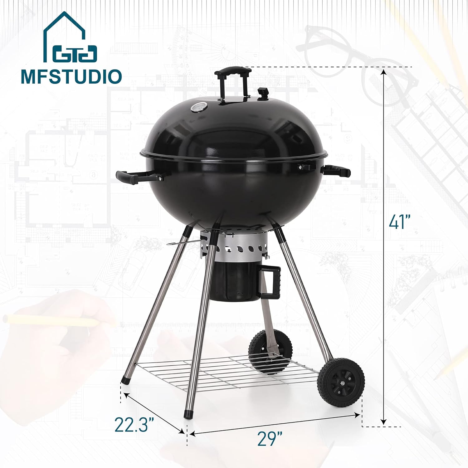 MFSTUDIO 22' Kettle Charcoal Grill, Portable Porcelain-Enameled BBQ Grill with Slide Out Ash Catcher for Outdoor Barbecue Cooking, Black