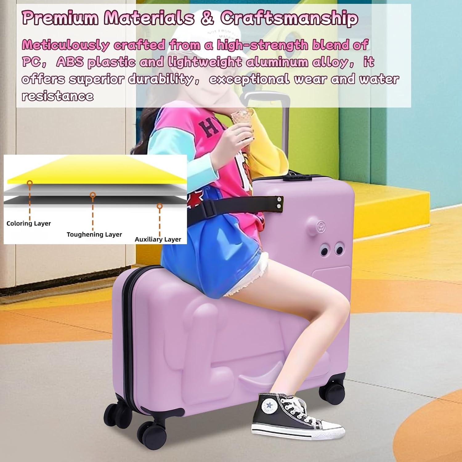 Ride on Kids Luggage, 24' Carry-on Suitcase with Double-row Universal Wheels Portable Rolling Luggage with Password Lock Unisex Riding Suitcase for Ages 4-12, Pink