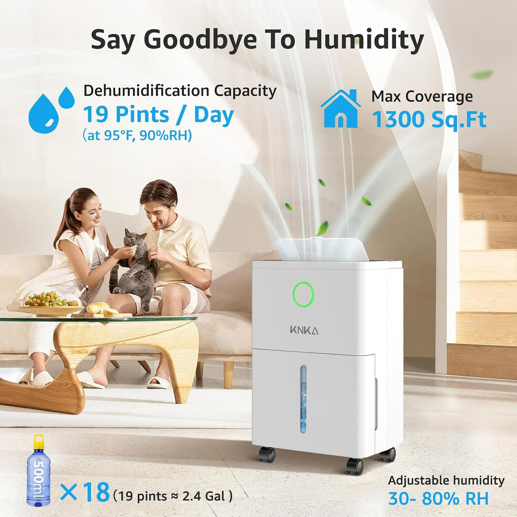 KNKA 19 Pint Quiet Dehumidifier with Drain Hose, 1300 Sq.ft Dehumidifiers for Home, Smart Humidity Control & Display, 24H Timer, Washable Filter, Idea for Bathroom Basement Bedroom RV Large Room