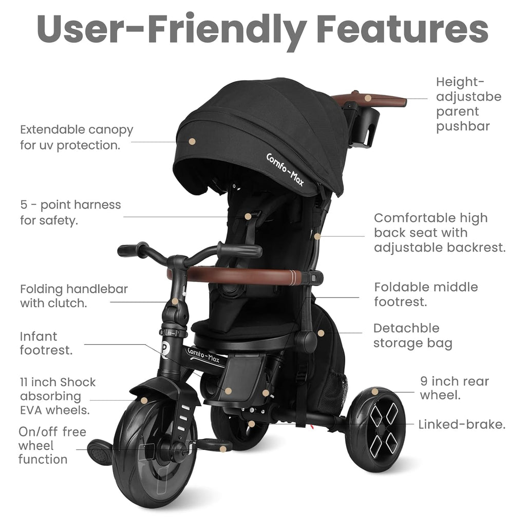 QPlay Toddler Bike Stroller for Baby 10 Months to 6 Years Old, 8-in-1 Foldable Stroller Bike for Toddlers 3-5 Boys & Girls Gifts Trike — Adjustable Handle, Triple Footrest, Canopy & Storage Bag