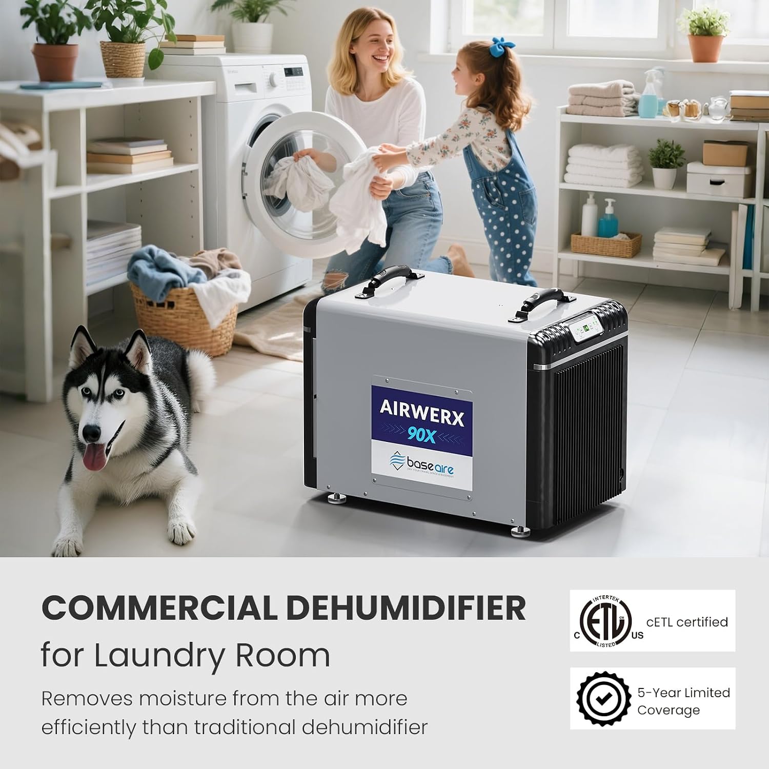 BaseAire 198Pints Dehumidifier with Pump for Crawl Space Basement, 198 Pints Commercial Dehumidifier, Intelligent Humidity Control, Auto Shut off Restart, AirWerx90X