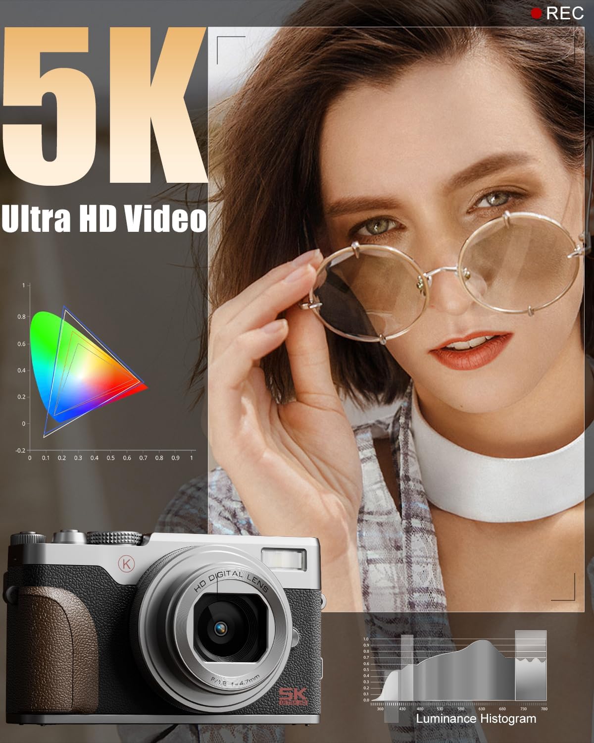 NBD 5K 64MP Digital Camera for Photography with 18X Zoom,2026 Upgraded Autofocus Vlogging Camera,Point and Shoot Digital Cameras with 2 Batteries,64GB TF Card,Flash, Anti-Shake(Silver)