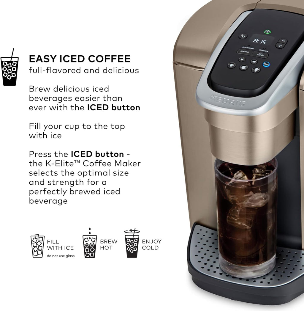 Keurig K-Elite Single Serve K-Cup Pod Coffee Maker, with Strength and Temperature Control, Iced Coffee Capability, 8 to 12oz Brew Size, Programmable, Brushed Gold