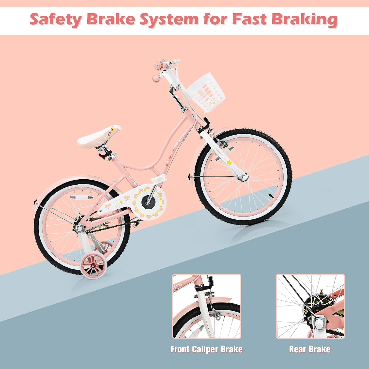 BABY JOY Girls Bike, 12' 14' 16' 18' Kids Bike for 3-8 Years Old with Training Wheels, Adjustable Seat & Handlebar, Handbrake & Coaster Brake, Children Bicycle