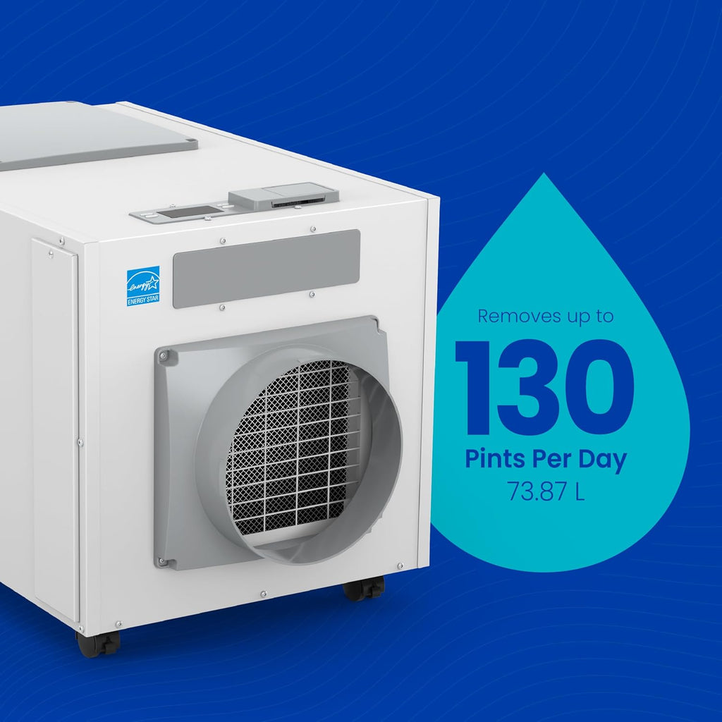 AprilAire E130C Pro 130-Pint Whole-House Dehumidifier with Castors, Energy Star Certified, Commercial-Grade for Basement, Crawlspace, or Whole House up to 7,200 sq. ft.