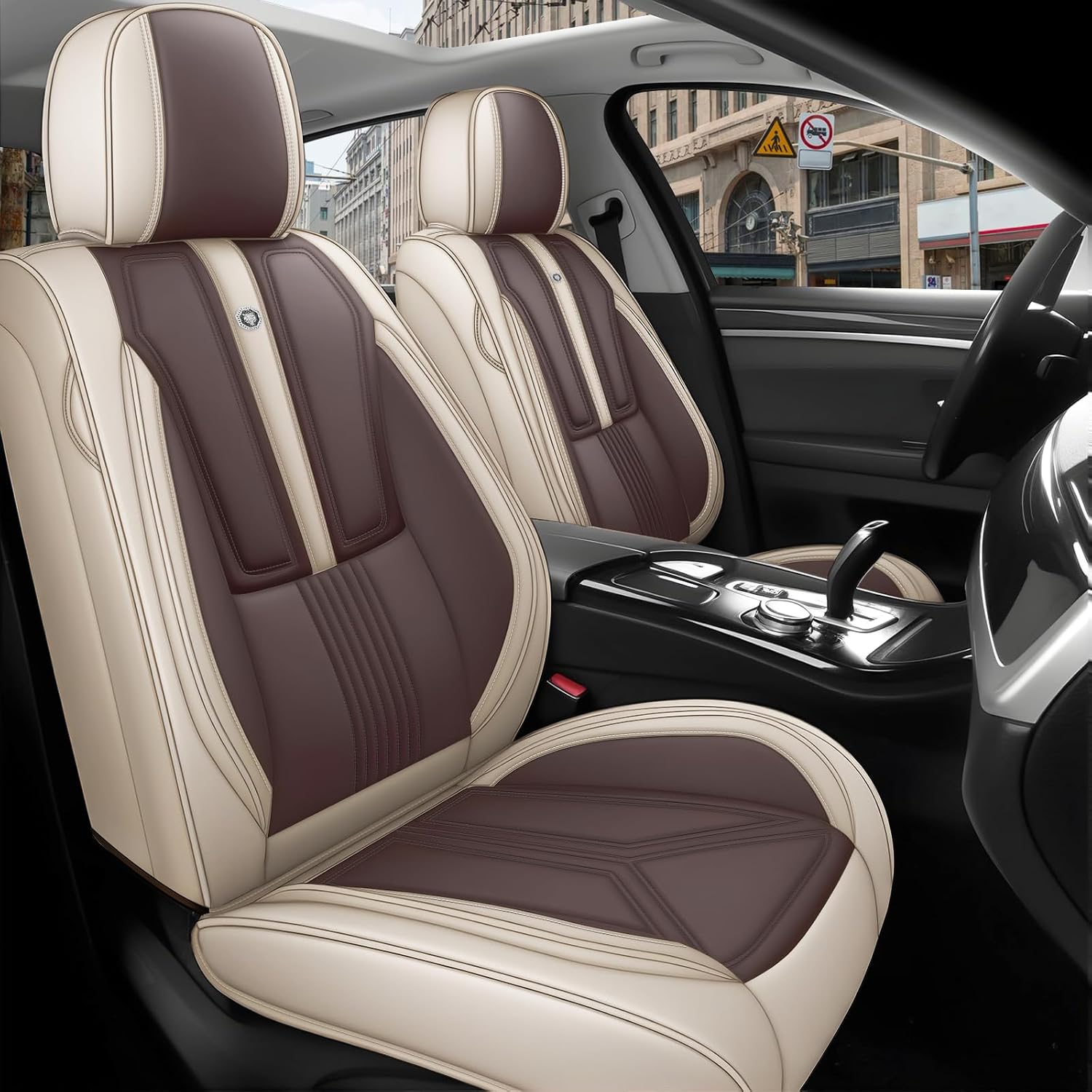 Arazi Car Seat Covers Full Set for Toyota Prius 2001-2025, Nappa Leather Seat Cover Full Coverage Waterproof Seat Protector (Beige&Brown,5 Seats Standard)