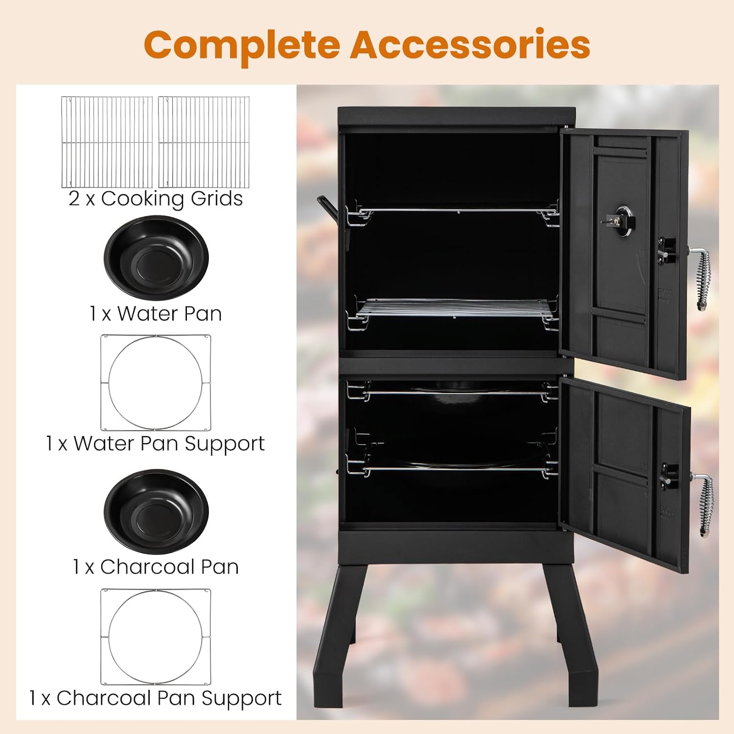 Giantex Outdoor Smoker with Double Doors, 2 Detachable Grill Netting Smoking Racks, Charcoal Pan & Water Pan, 4 Air Vents, Thermometer, Vertical Charcoal Smoker for Barbecue Camping Backyard Grill