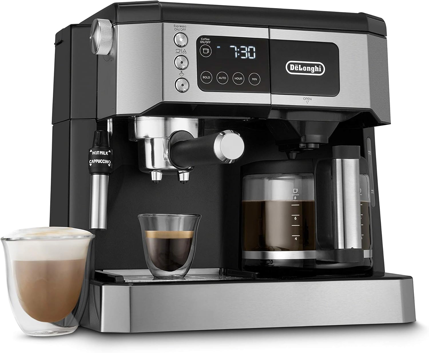 De'Longhi All-in-One Combination Coffee Maker & Espresso Machine + Advanced Adjustable Milk Frother & DeLonghi Double Walled Thermo Espresso Glasses, Set of 2, Regular, Clear