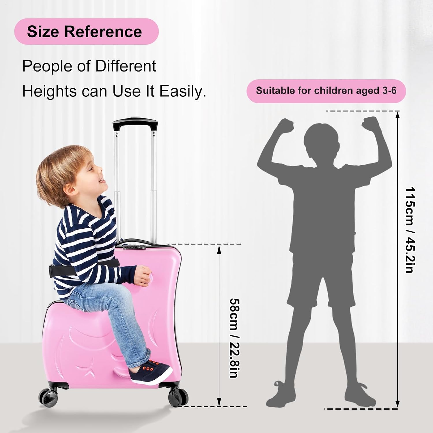 24 Inch Kid Ride Suitcase,Kid Luggage Seat Ride With Lock - Kids Travel Trolley With Safety Belt, Kids Luggage With Wheels Child Stroller Spinner Luggages, ABS+PC (Pink, 6-12 Years)