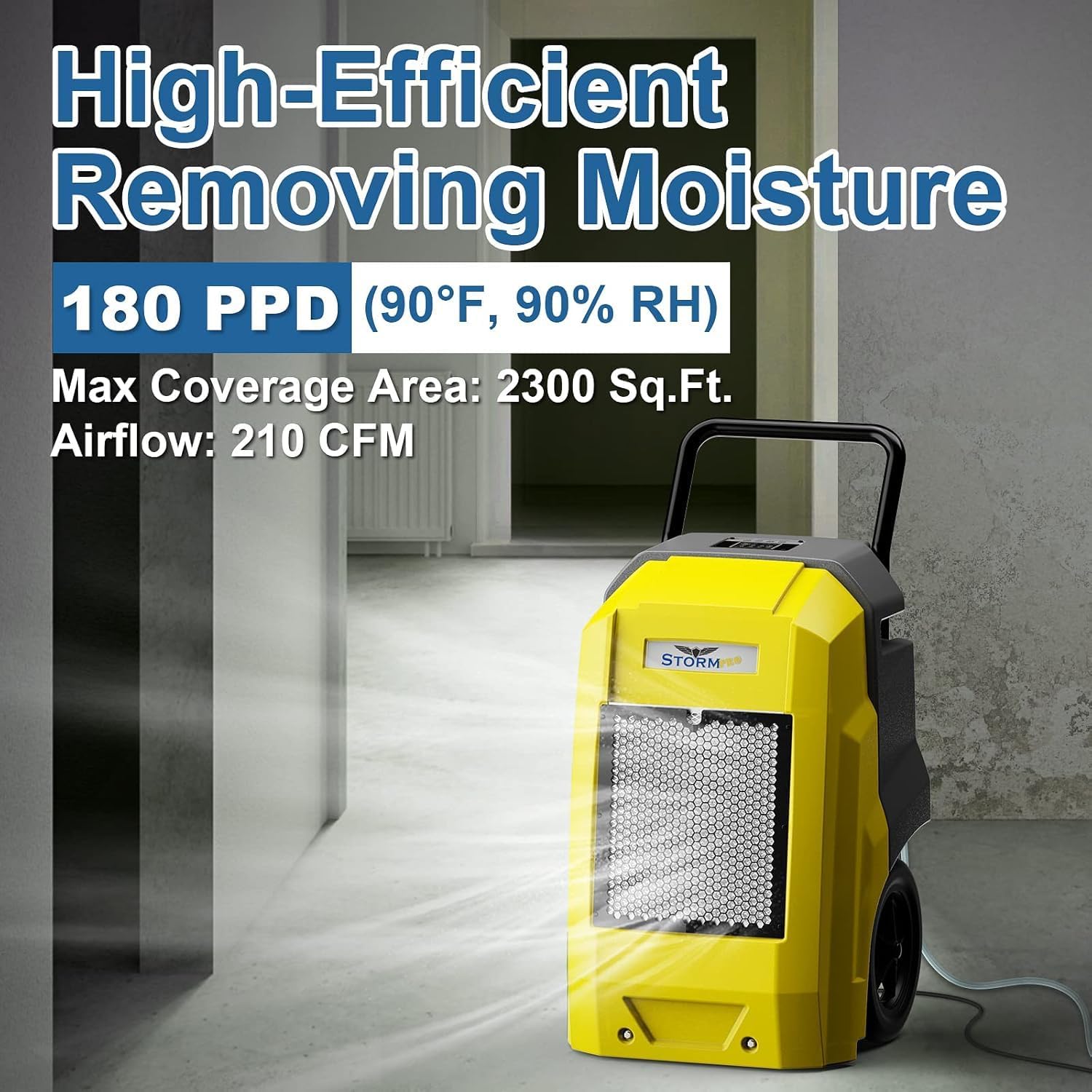 ALORAIR 180 Pints LGR Industrial Dehumidifier with Pump and Drain Hose, Portable Commercial Dehumidifier with Wheels for Home, Basements, Garages, and Job Sites, Yellow