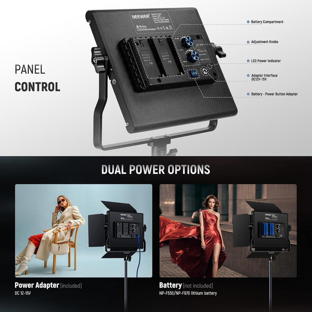 NEEWER Bi Color LED Studio Light with Tripod Stand Barndoors, Video Panel Key Lighting for Video Recording Streaming Photoshoot Photography, 660 LEDs 3200K-5600K 3300lx/1m Dimmable CRI96+, NL660