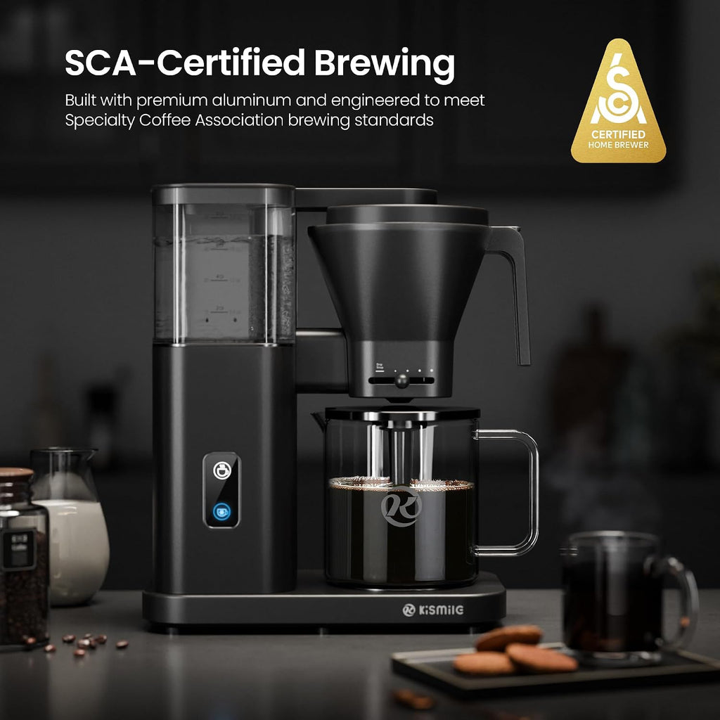 Kismile SCA-Certified 8 Cup Drip Coffee Maker, Pour Over Coffee Machine with 3s Instant Heat 197–205℉, Adjustable Flow Control, Removable Water Tank, Deep Cold Brew & 40 Min Keep Warm (Black)