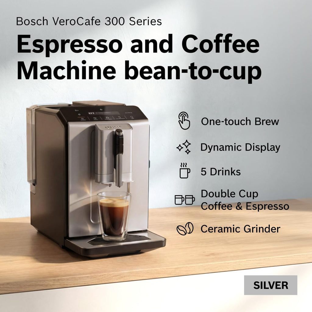 Bosch Fully Automatic Coffee and Espresso Machine - One-Touch Drinks, Barista Style, Double Cup Super Coffee Maker - Large Bean Capacity - Easy Clean, Maintenance - Silver- TIU20307