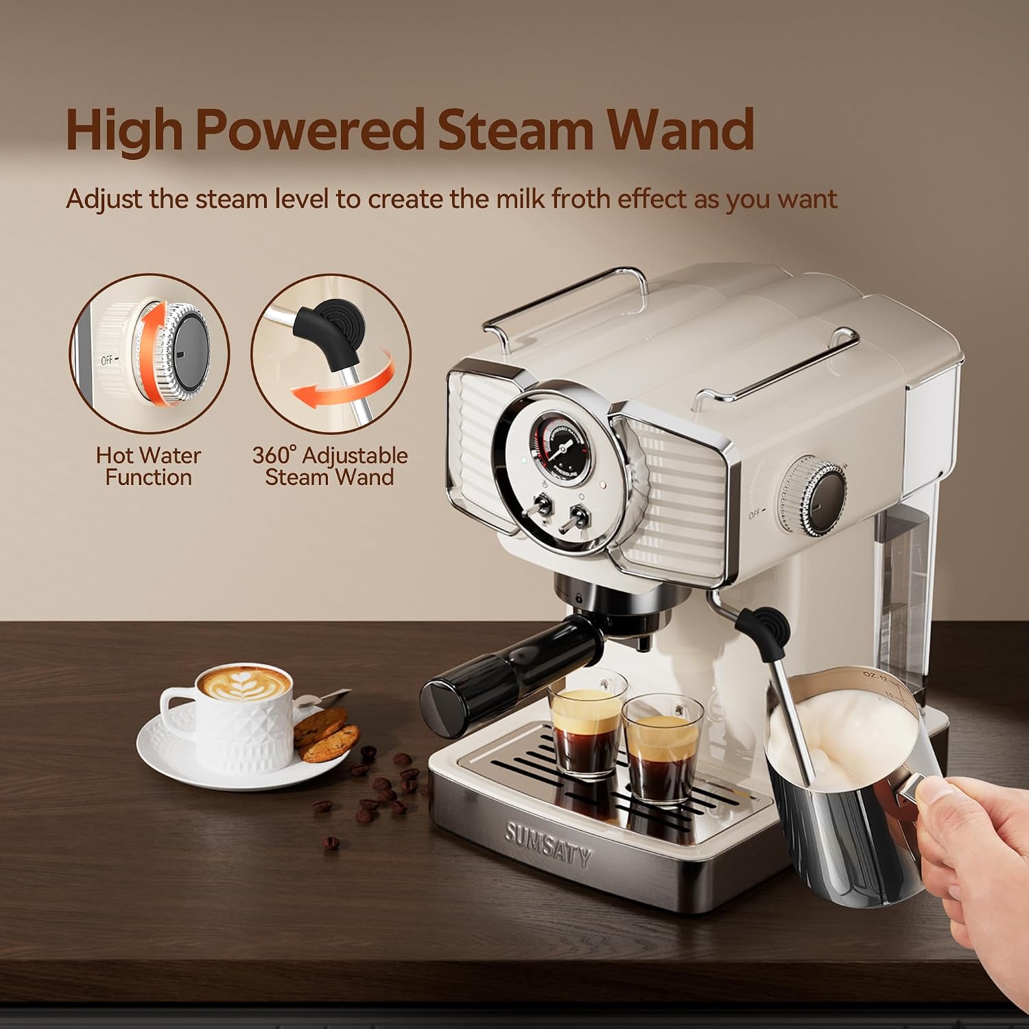 SUMSATY Espresso Machine 20 Bar, Professional Espresso Maker with Milk Frother Steamer Wand, Retro Coffee Maker Cappuccino & Latte Machine for Home, 1.8L Removable Water Tank, Off-white