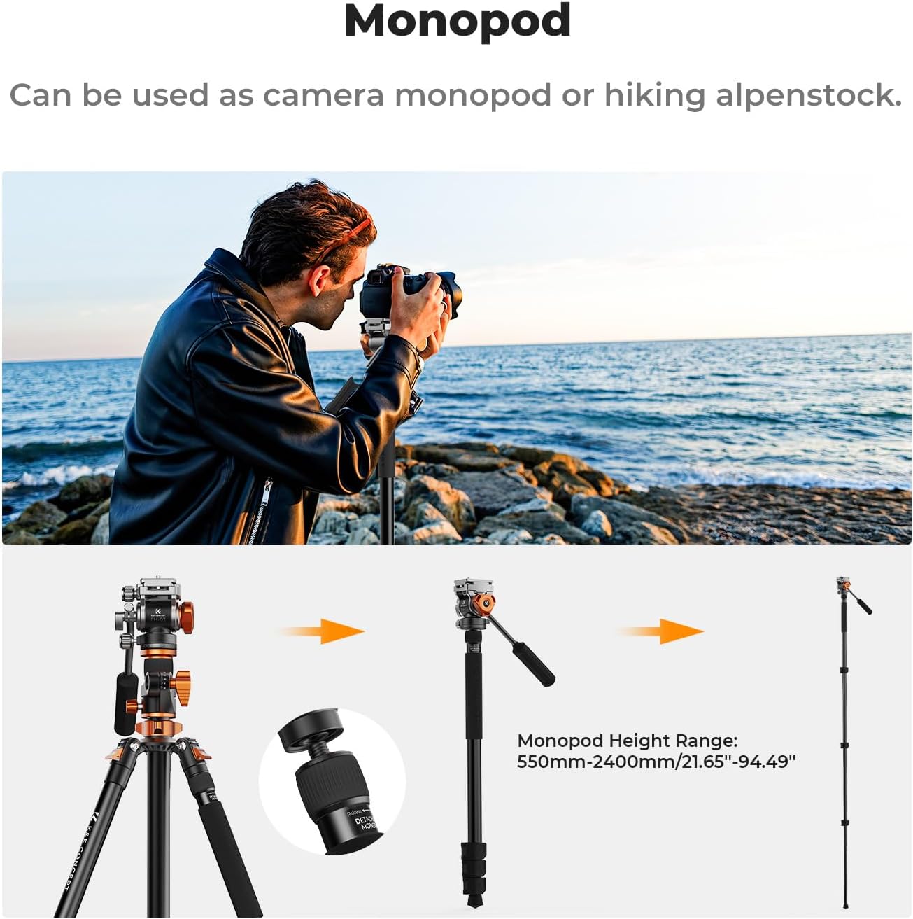 K&F CONCEPT 90''/230cm Overhead Camera Tripod, Horizontal Shooting Video Tripods with Fluid Head Heavy Duty, Detachable Monopod, for Indoor and Outdoor Use T254A7+FH-03