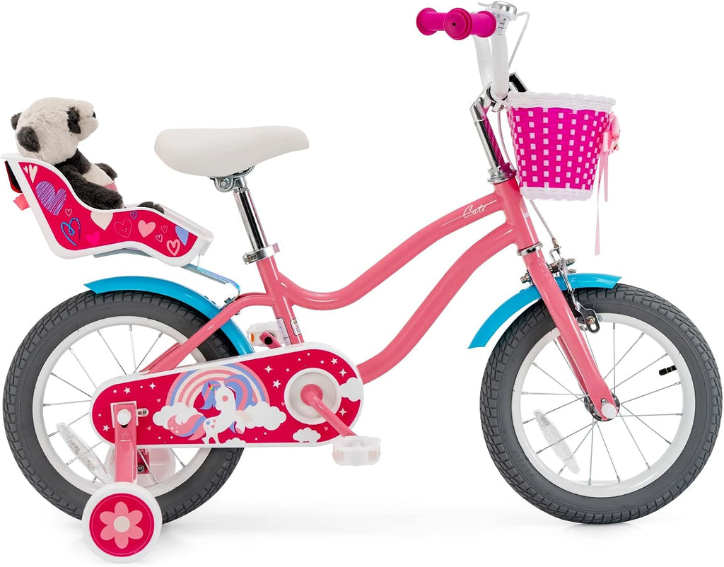 GYMAX Kids Bike, 14/16/18 Inch Kids Bicycle with Removable Training Wheels, Coaster Brake, Handbrake, Basket & Doll Chair, Toddler Girls & Boys Bike for Age 3-9