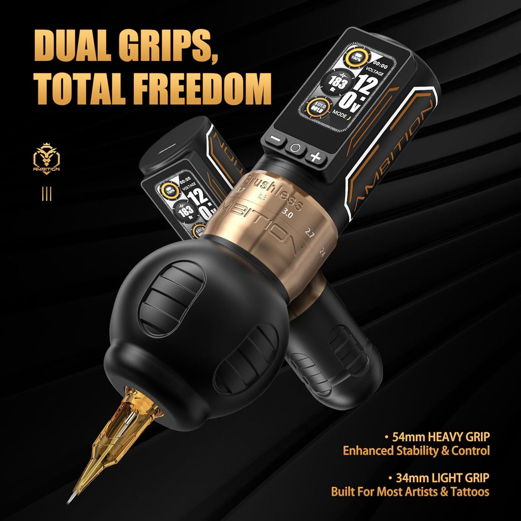 Ambition Rotary Tattoo Gun, Ninja Max 280 Wireless Tattoo Pen Machine with 280 g.cm Torque Brushless Motor, 7 Adjustable Stroke 2.4-4.5mm, 2400mAh Battery 54mm & 34mm Grips Tattoo Supply