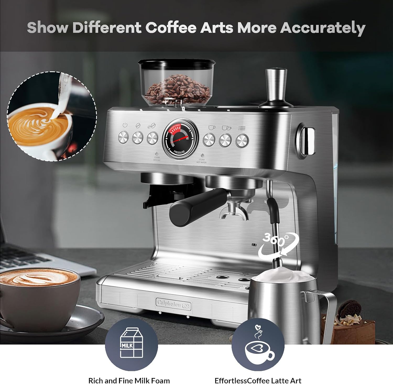 Semi-Automatic Espresso Machine, Dual Boiler 20 Bar Coffee Maker With Grinder 30 Size Setting, Expresso Coffee Machines With Steam Wand for Cappuccino Latte, 95 Oz Removable Water Tank