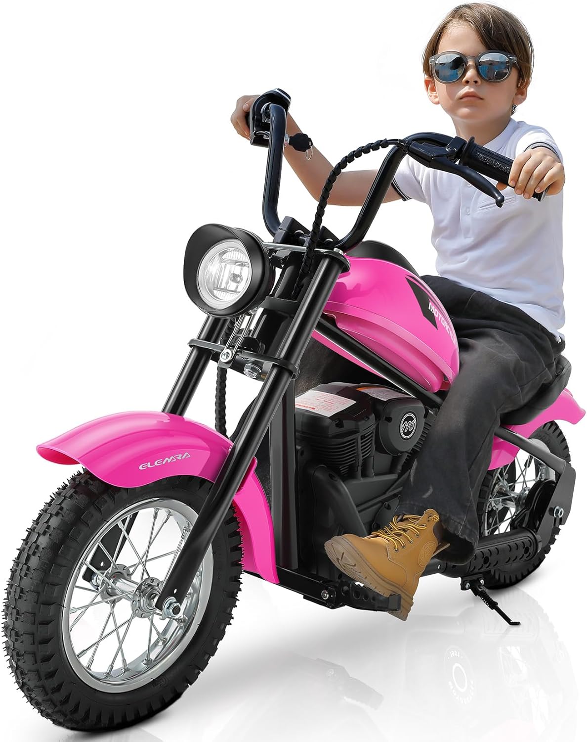 ELEMARA Electric Dirt Bike, 15 mph & 150lb Max, 24V Ride on Toy for Big Kids w/LED Lights & Power Display,Chain-Driven Motor,Twist-Grip Throttle, Shock Springs,Handbrake,12' Air-Filled Tires-Pink