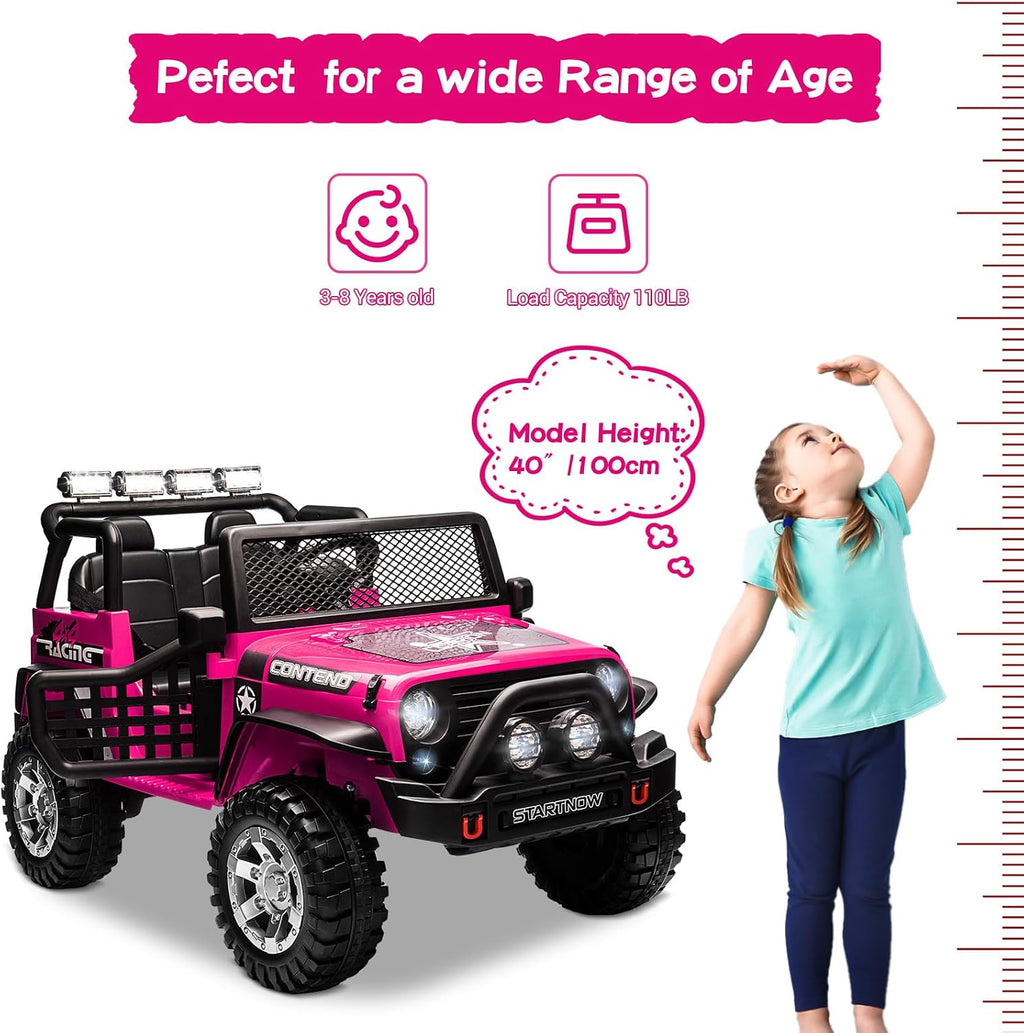 SEHOMY 2 Seater Electric Car for Kids, 12V Ride on Toys Power Wheels with Remote - 3 Speeds, Spring Suspension, 110LB Max, LED Lights, Music, Kids Electric Vehicles Toddler Truck for Boys Girls Pink