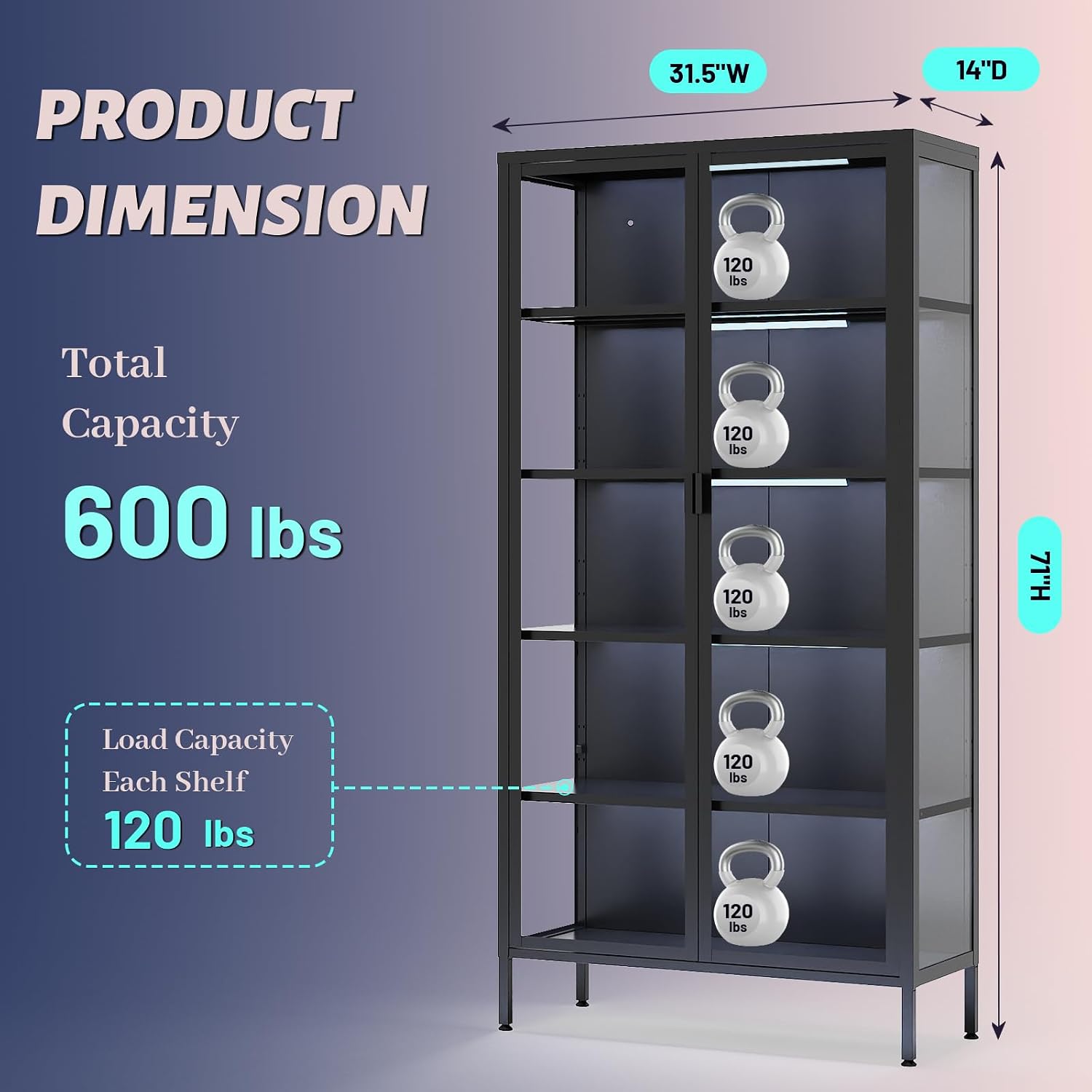 Eltean 71' H Display Cabinet with Glass Doors, 5 Tiers Curio Glass Display Cabinet with 3 Colors LED Sensor Light,Display Cabinets for Collectible with 4 Adjustable Shelves for Living Room,Bedroom