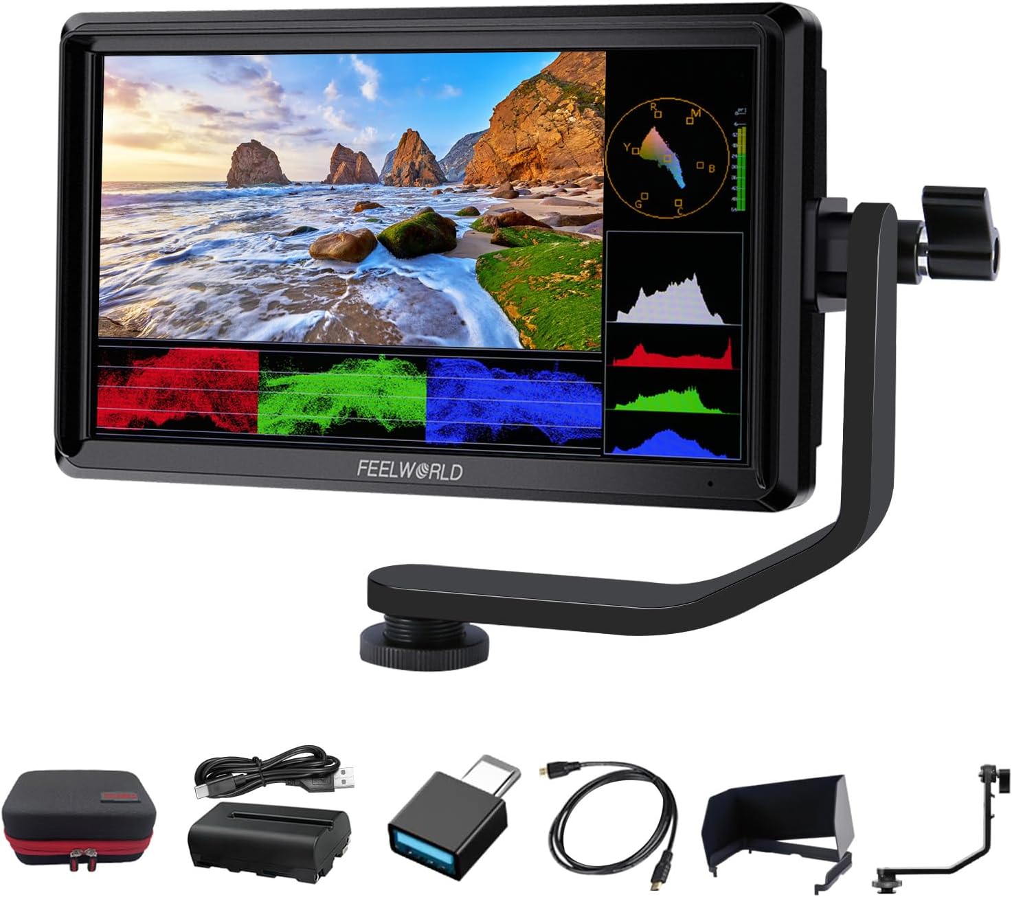 FEELWORLD S55 V3 6 Inch DSLR Camera Field Monitor Bundle - FHD IPS Screen, 4K HDMI in/Out, Tilt Arm, Power Output, Battery & Carry Case Included