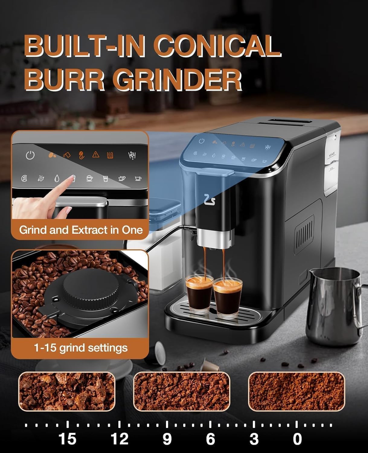 Fully Automatic Espresso Machine With Grinder,Expresso Coffee Machines Milk Frother and Auto-Cleaning With Hot Water Function One-Touch Operation for Latte, Cappuccino, and Macchiato